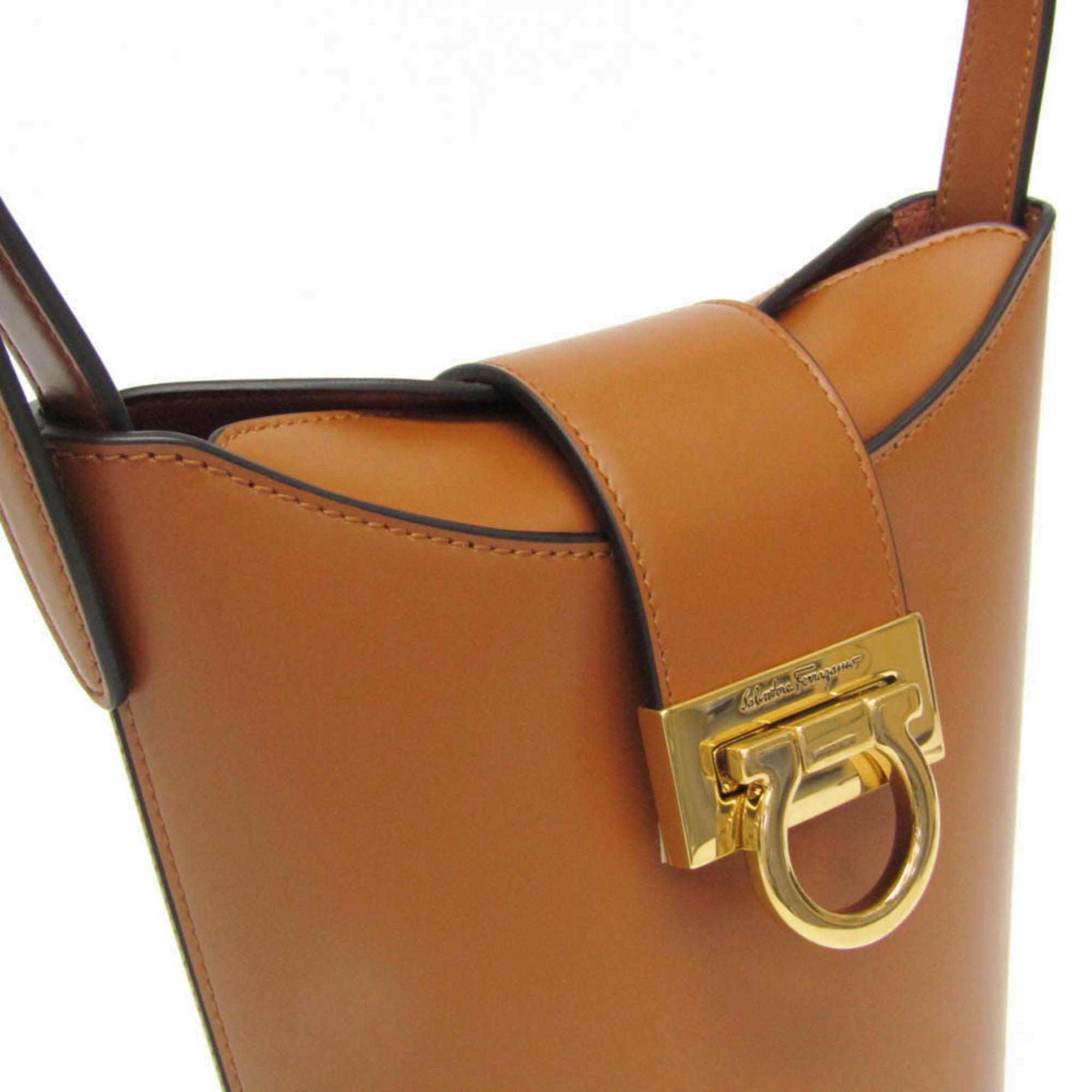 Salvatore Ferragamo Gancini Trifoglio Bucket DH-21 1194 Women's Leather Handbag,Shoulder Bag Brown — Like New