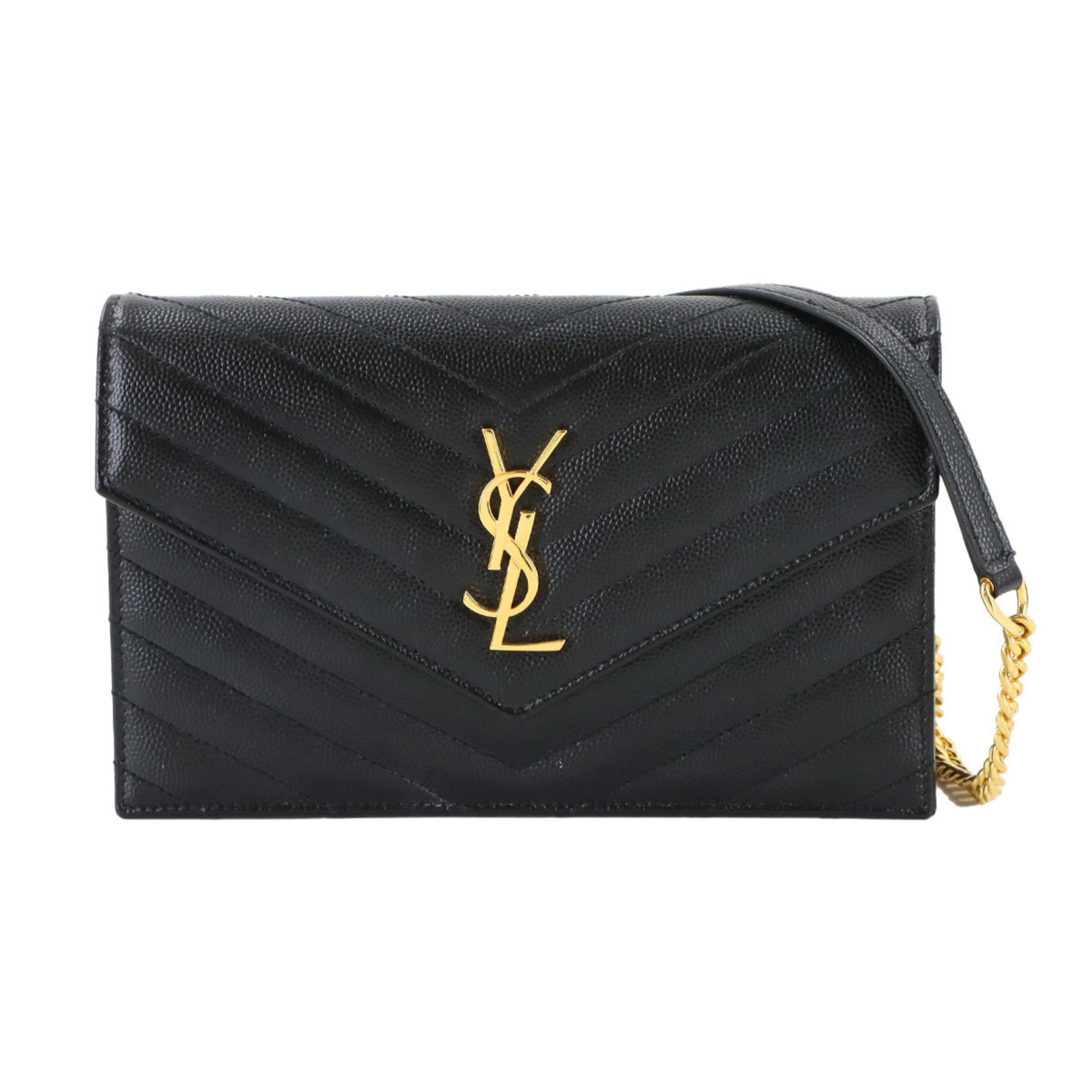 Saint Laurent Cassandre Envelope Chain Wallet, black leather with gold hardware (product number 742920).