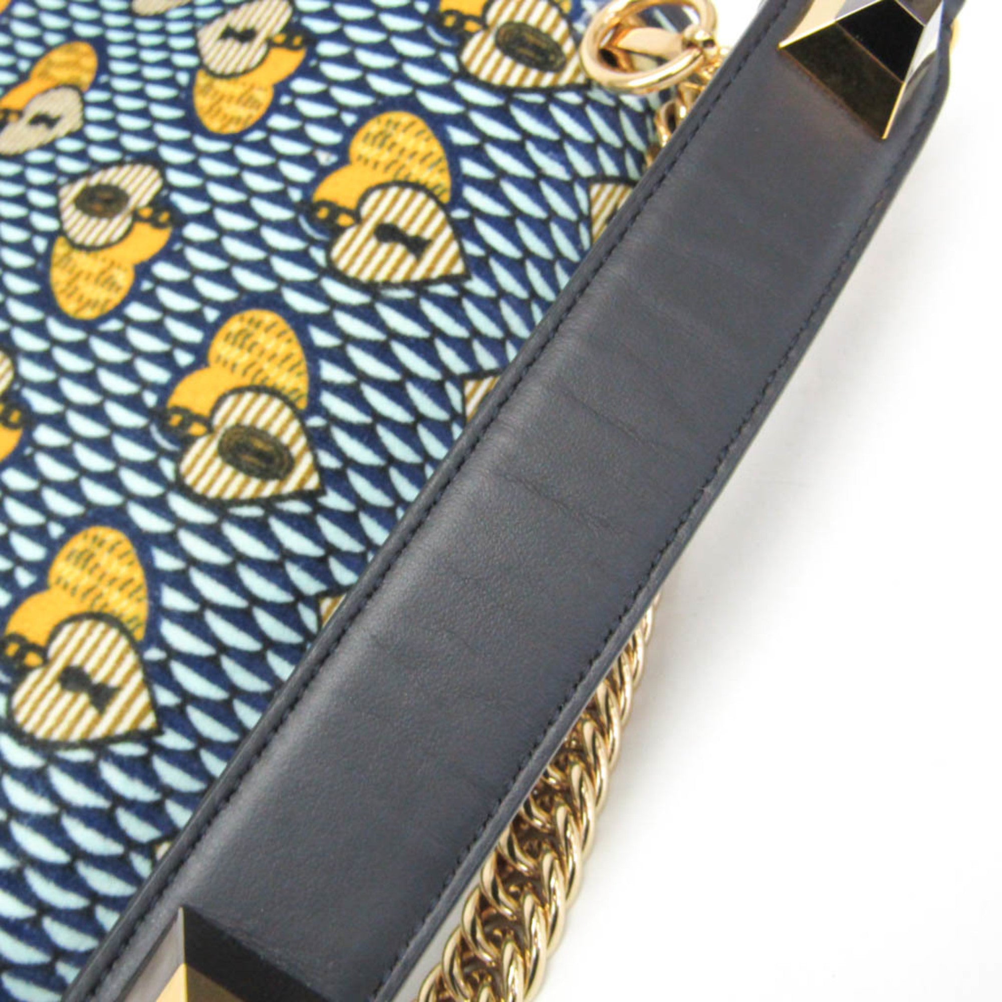 Fendi KAN I 8BT283 Women's Velvet,Leather Handbag,Shoulder Bag Light Blue,Navy,Yellow — Like New