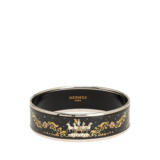 Hermes enamel horse, Pegasus, and star motif bangle in silver, black, multicolored metal for women.