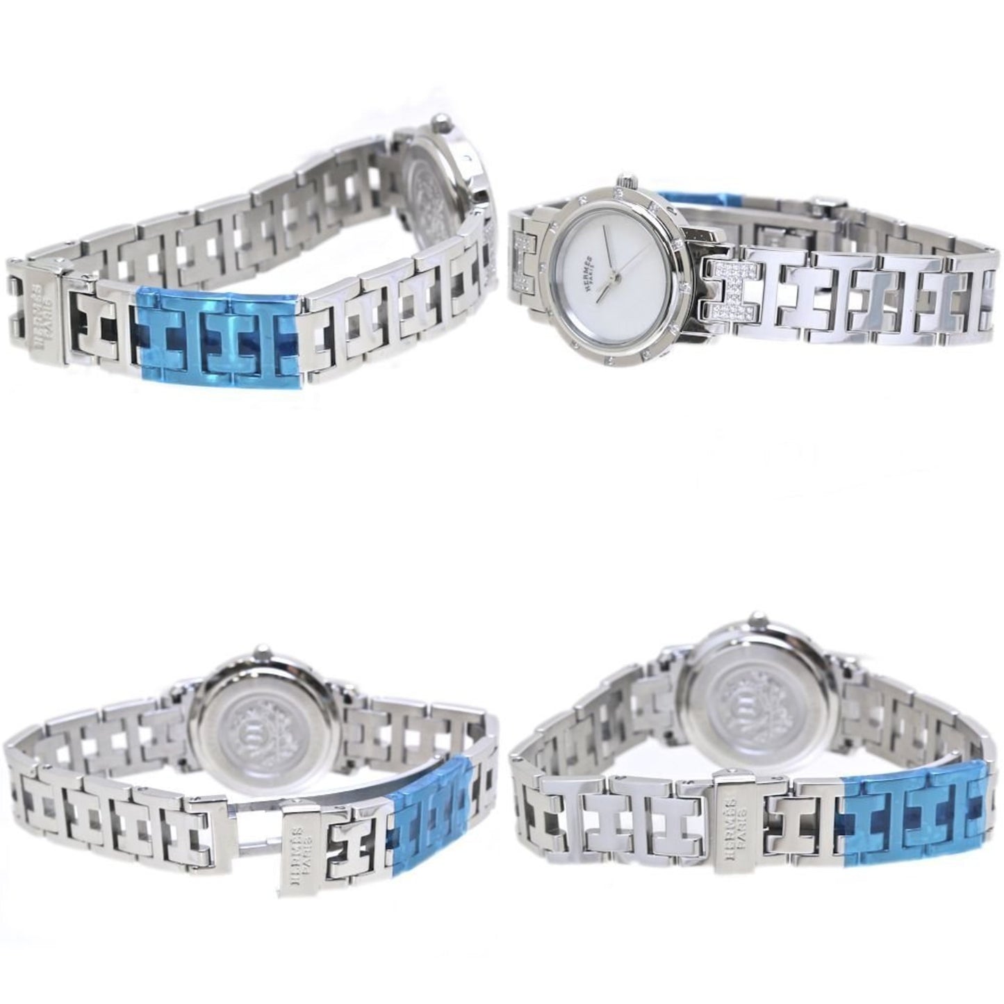 HERMES Clipper Nakreh (old buckle) women's watch CL4.230.215 3869 with 12 diamond bezel and bracelet in stainless steel (40047)