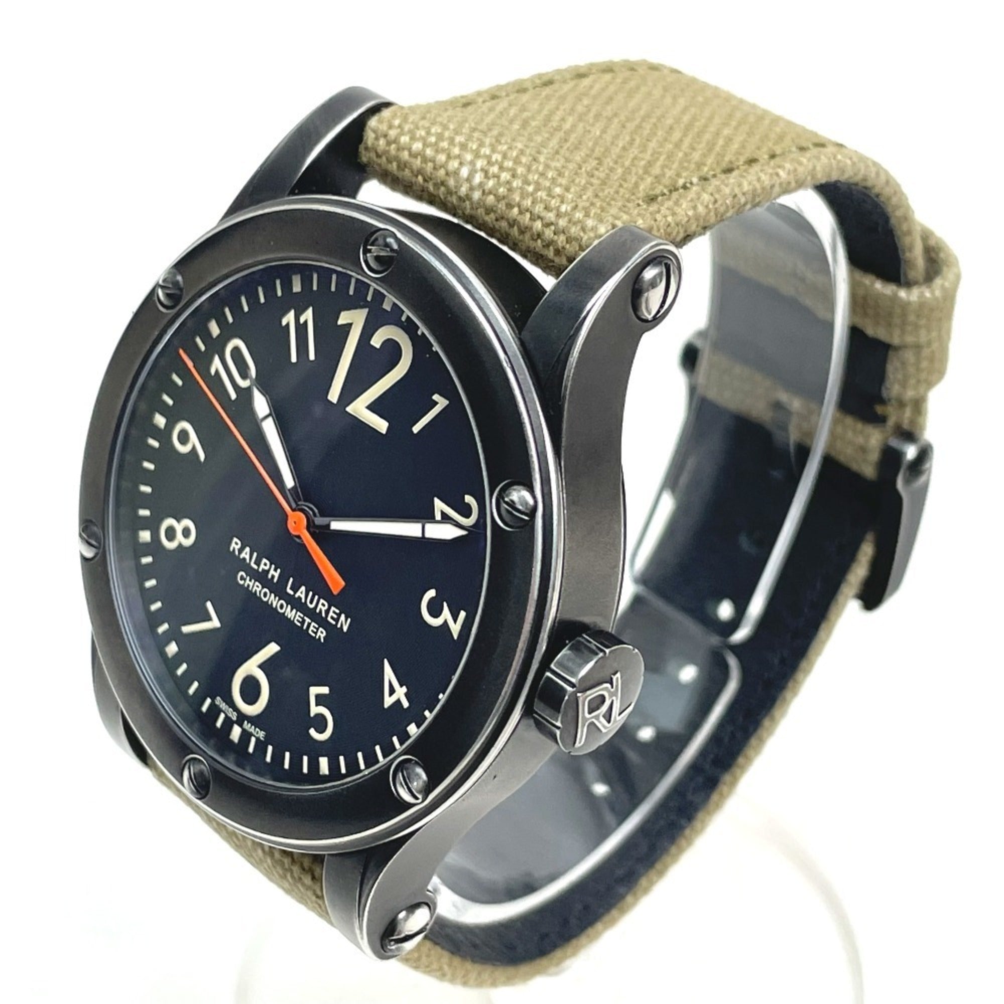 RALPH LAUREN Ralph Lauren Sporting Safari RL67 Chronometer Watch (RL0220900) with Stainless Steel Canvas Strap, Black/Khaki — Very Good