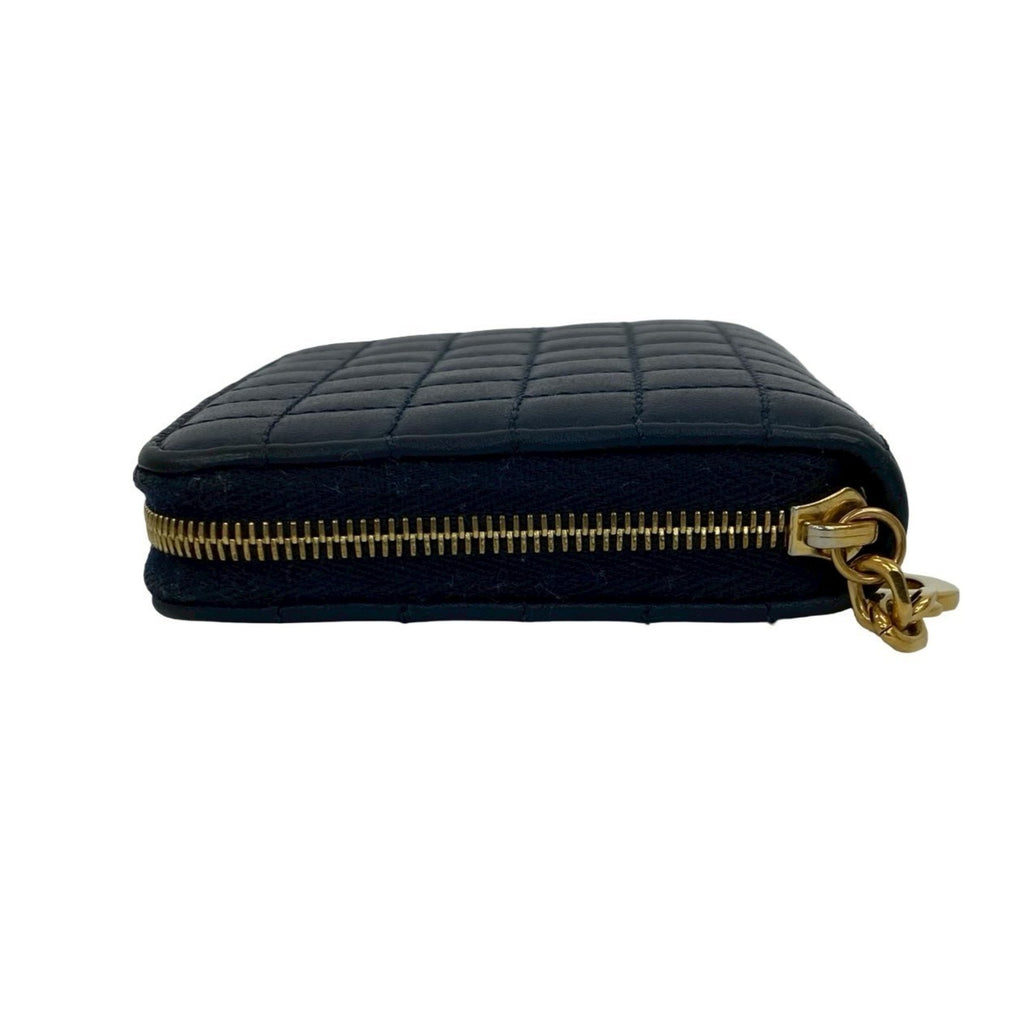 CELINE C Charm Compact Wallet, Quilted Leather, Genuine Round Zip, Bifold Navy, 37267