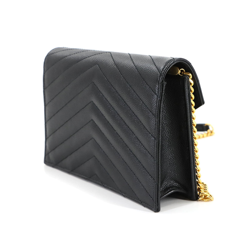 Saint Laurent Cassandre Envelope Chain Wallet, black leather with gold hardware (product number 742920).