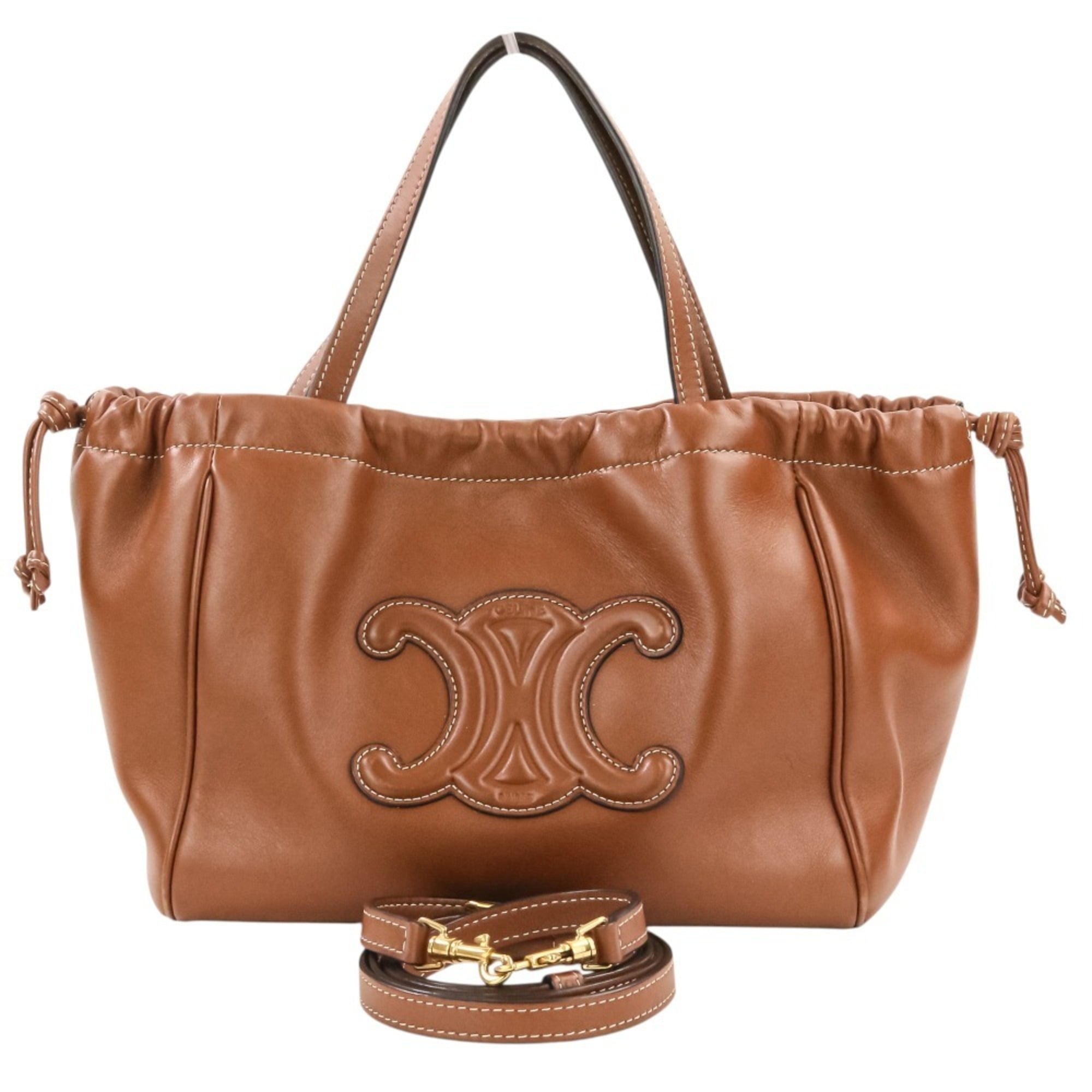 CELINE Small Cabas Drawstring Cuire Triomphe 2-way Handbag/Shoulder Bag, Brown, Women's — Like New