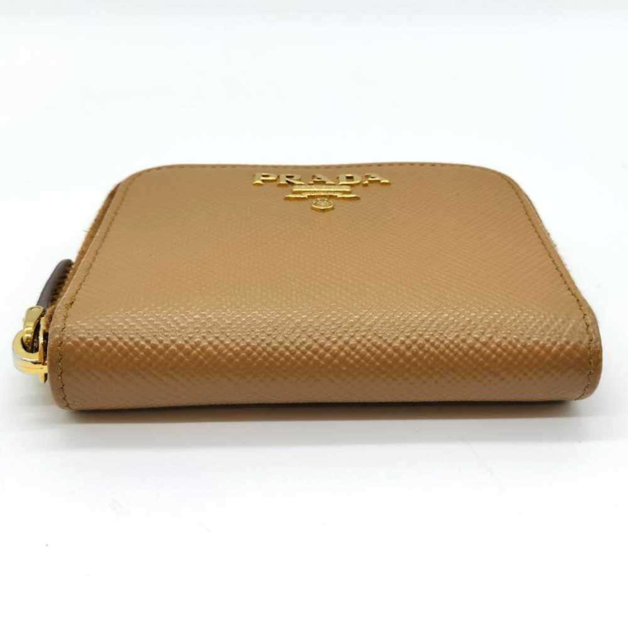 Prada coin case, round, camel and brown Saffiano leather, 1MM268 PRADA