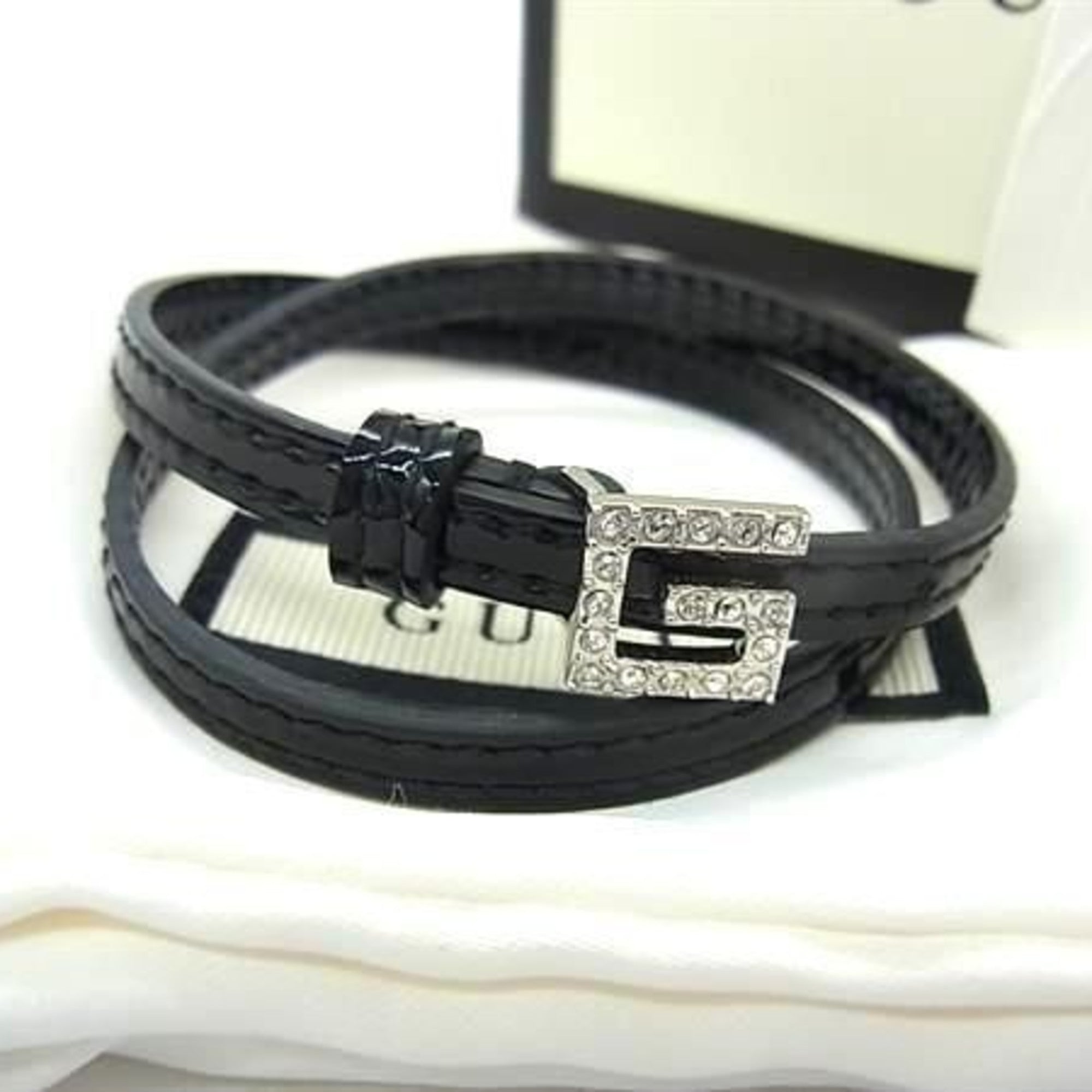 GUCCI bracelet, G, black patent leather, women's, rhinestone, double strand — Like New