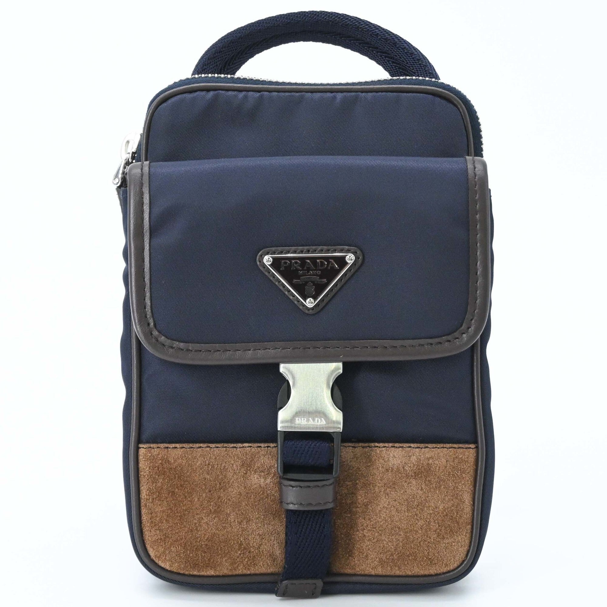 PRADA Suede and Nylon Shoulder Bag, Triangle Design, Navy Brown — New - Store Return