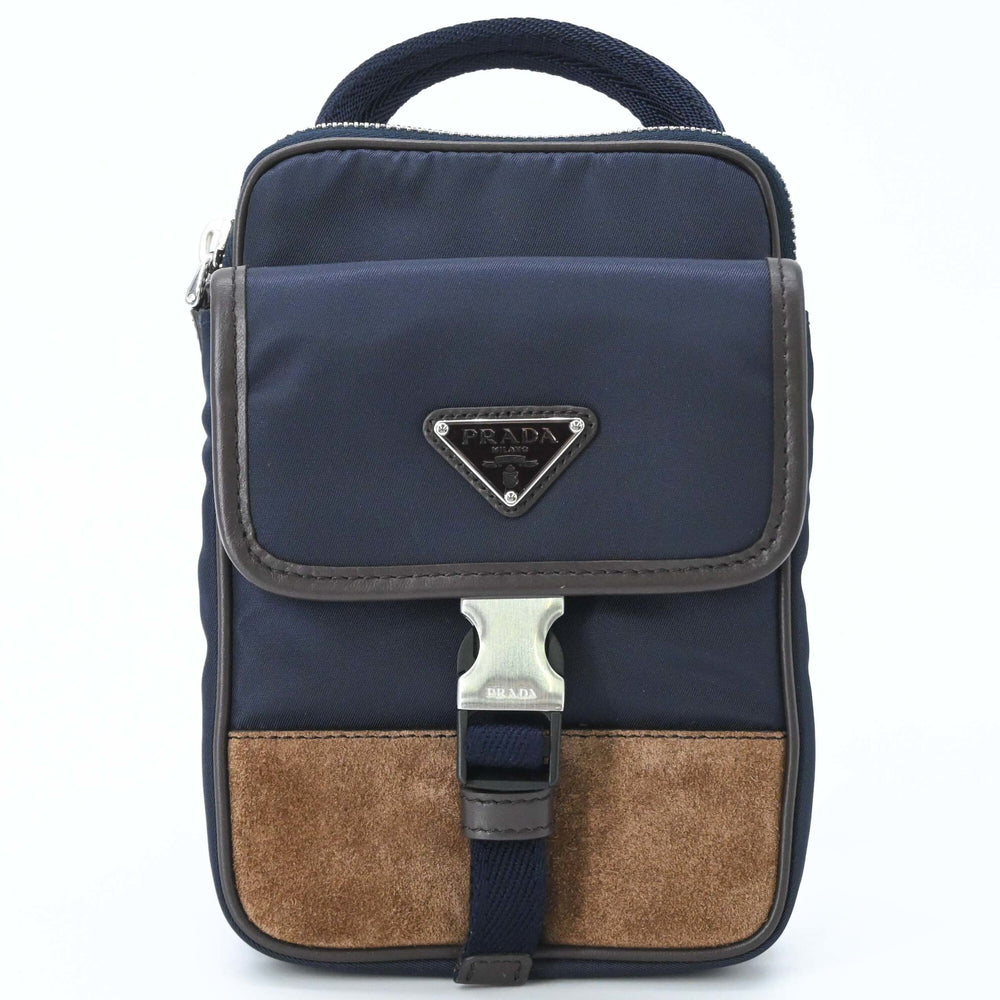 PRADA Suede and Nylon Shoulder Bag, Triangle Design, Navy Brown — New - Store Return