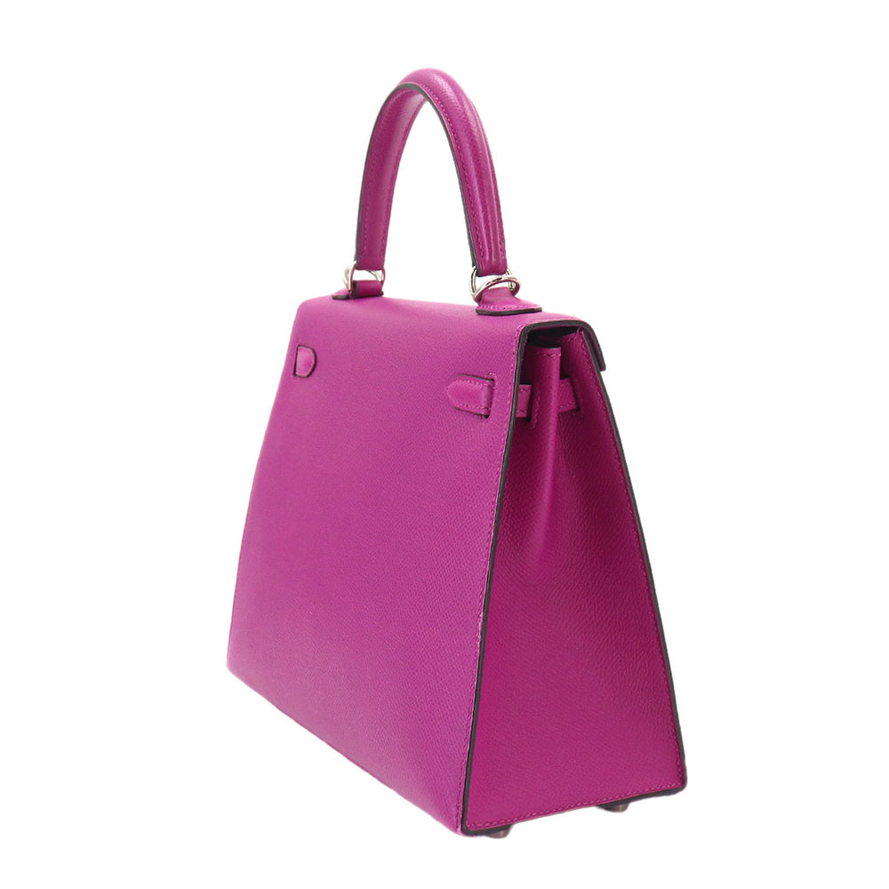 Hermes Kelly 25 Epsom Rose Purple 2-way Handbag Shoulder Bag with external stitching, C stamp, silver hardware — Like New