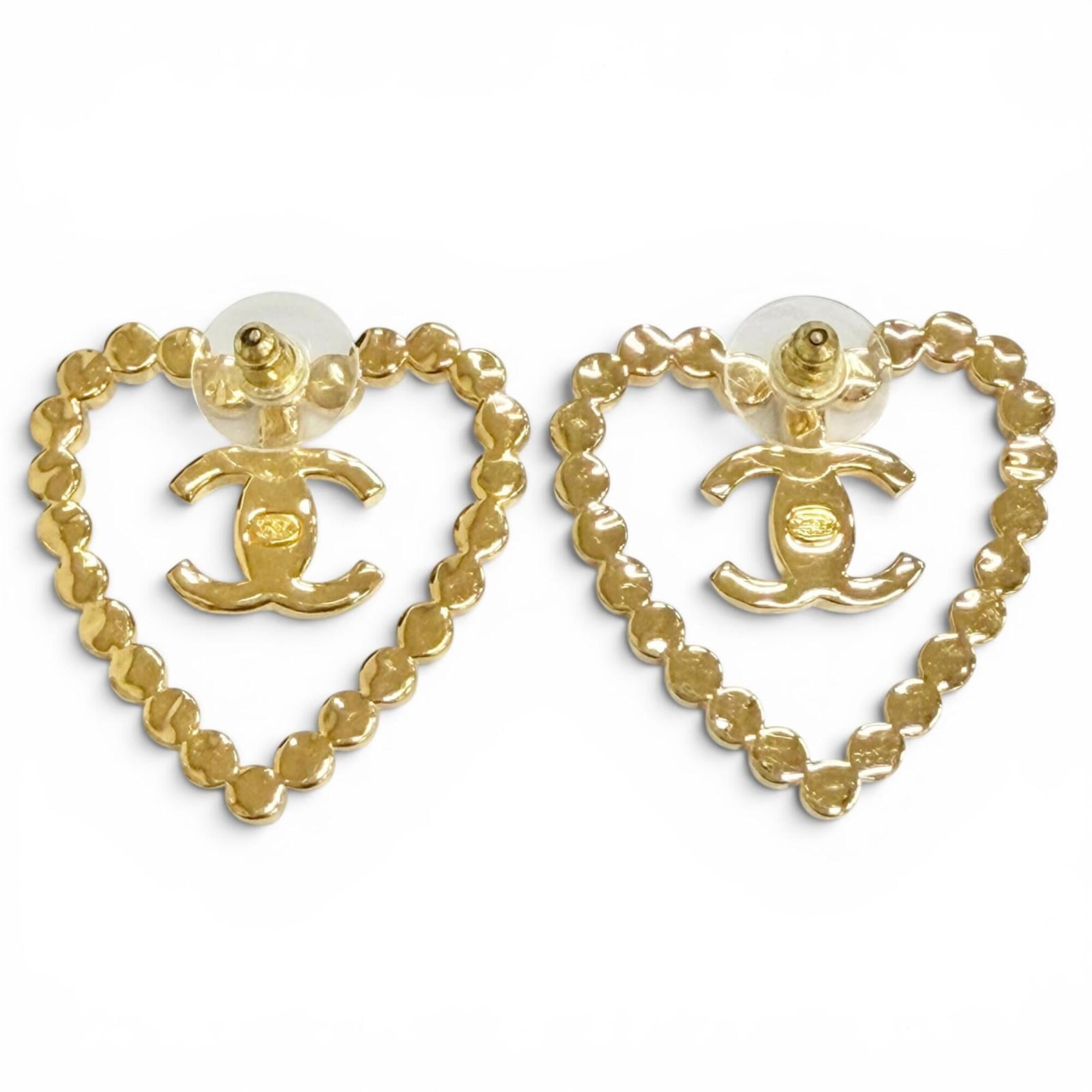 CHANEL L23C AB9926 Coco Mark Heart Crystal Rhinestone Earrings (Pair) Gold, Made in Italy, Women's, with Box — Like New