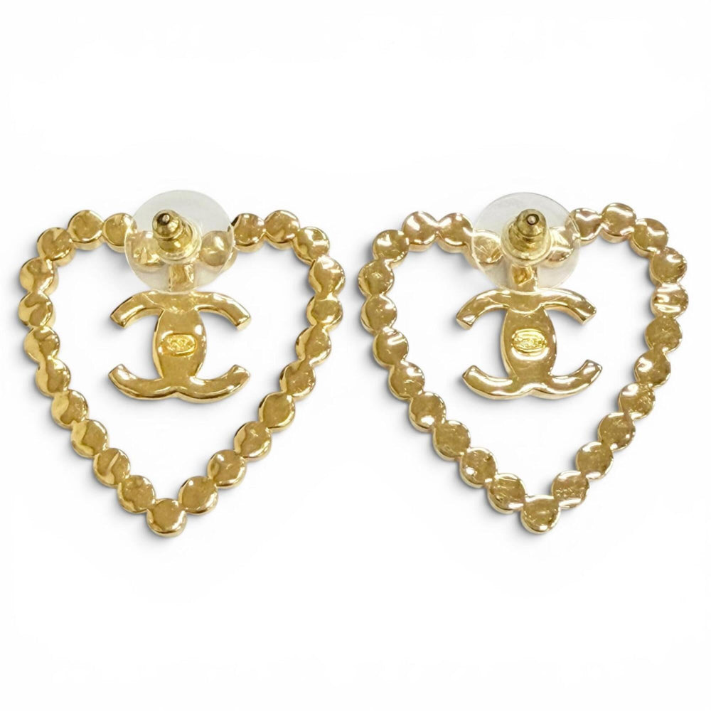 CHANEL L23C AB9926 Coco Mark Heart Crystal Rhinestone Earrings (Pair) Gold, Made in Italy, Women's, with Box — Like New