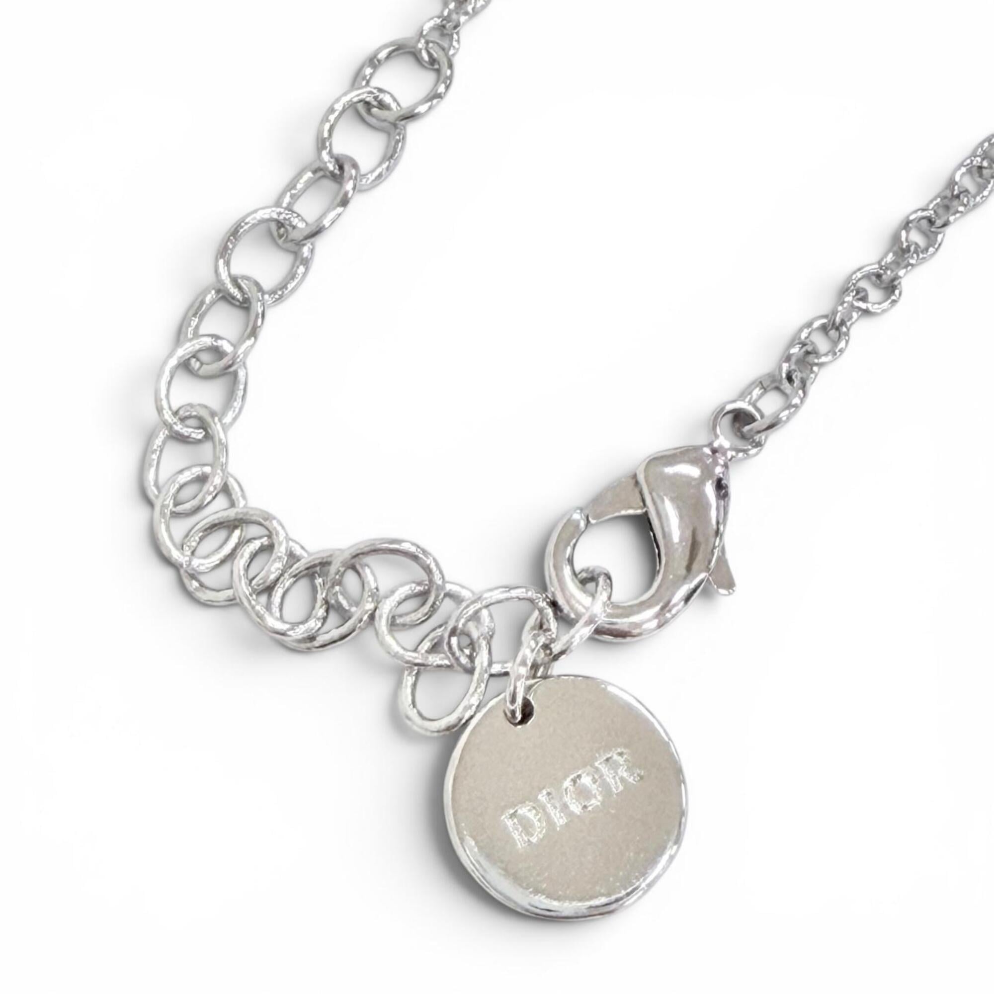 Christian Dior DIOR CD logo ribbon motif rhinestone faux pearl necklace accessory, silver, for women — Like New