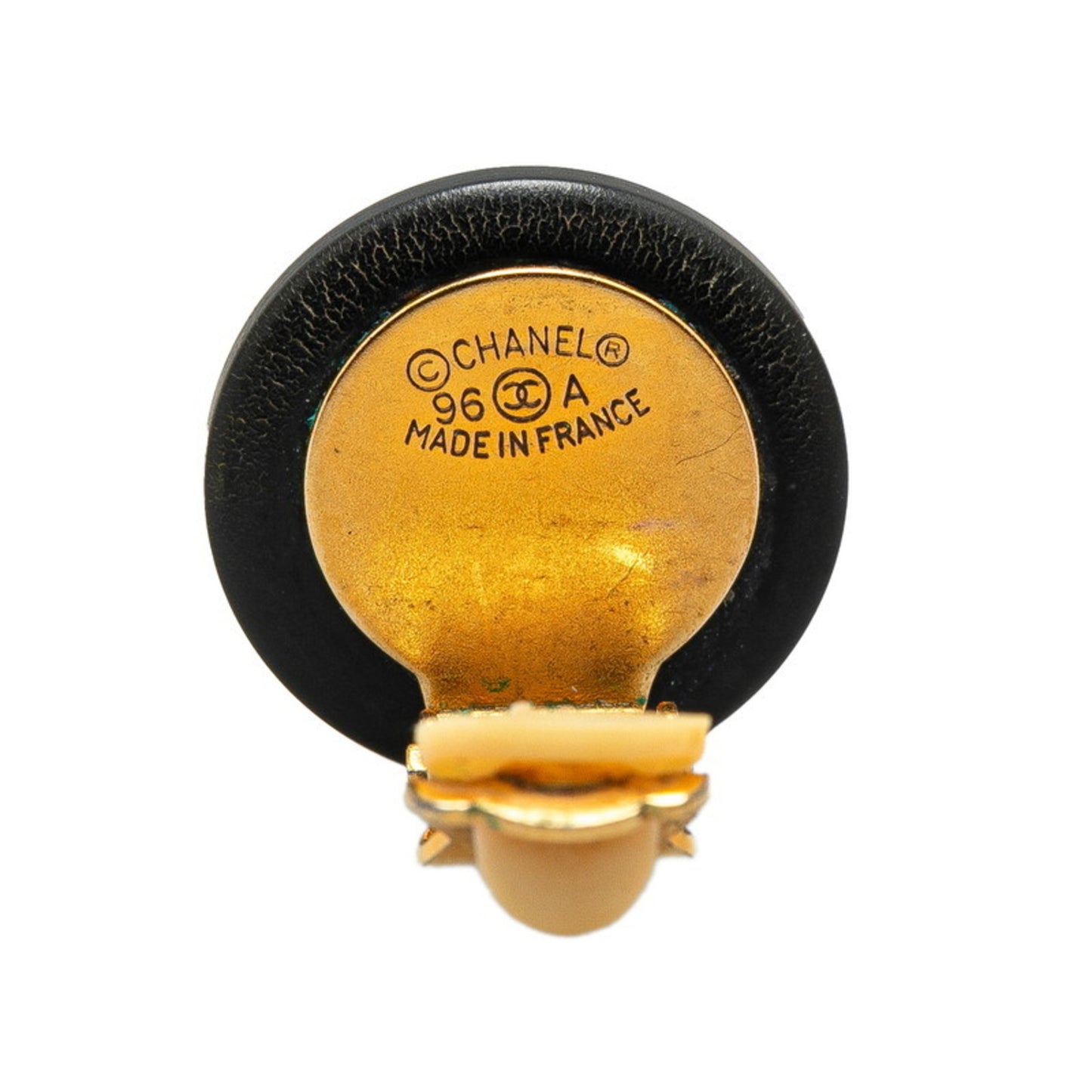 Vintage Chanel Coco Mark Round Earrings in Black and Gold, Plastic with Plated Design, Women's