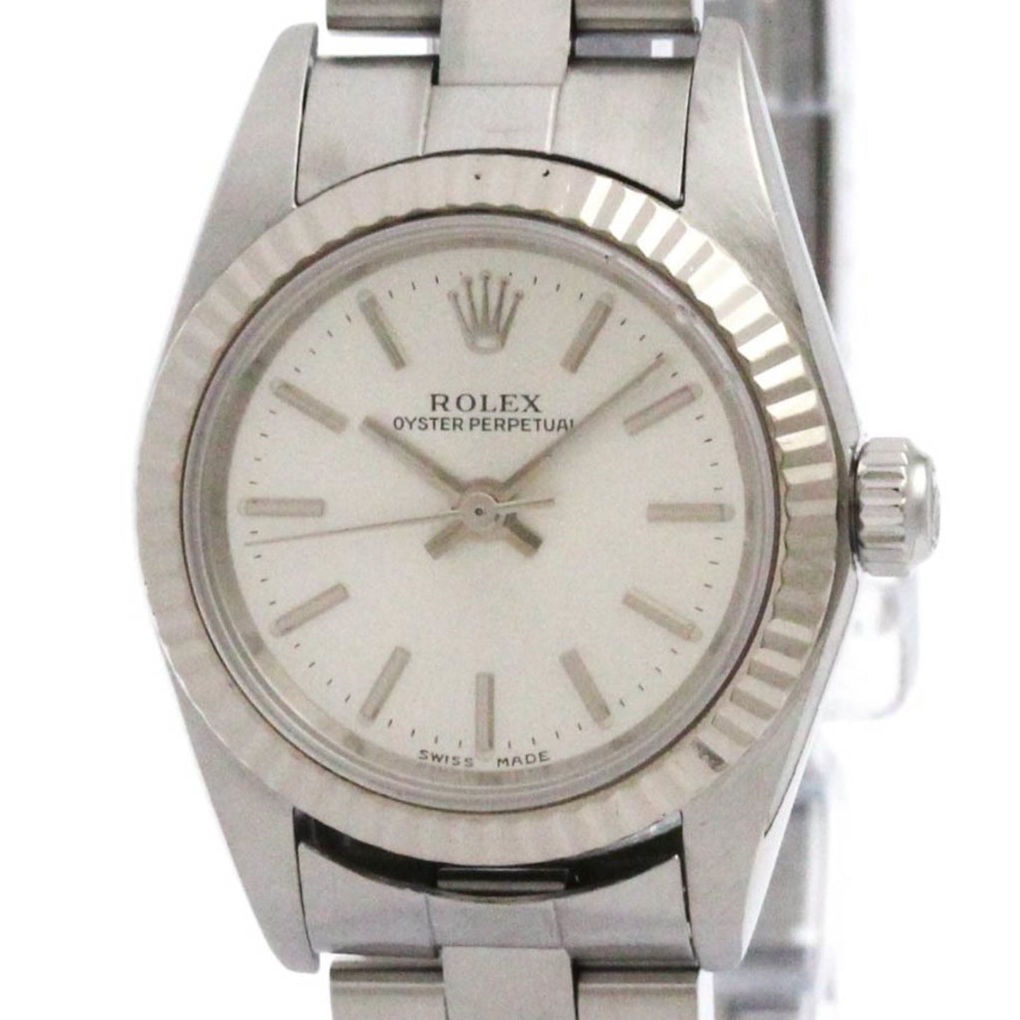 ROLEX Oyster Perpetual 76094 K Serial White Gold Steel Watch Polished