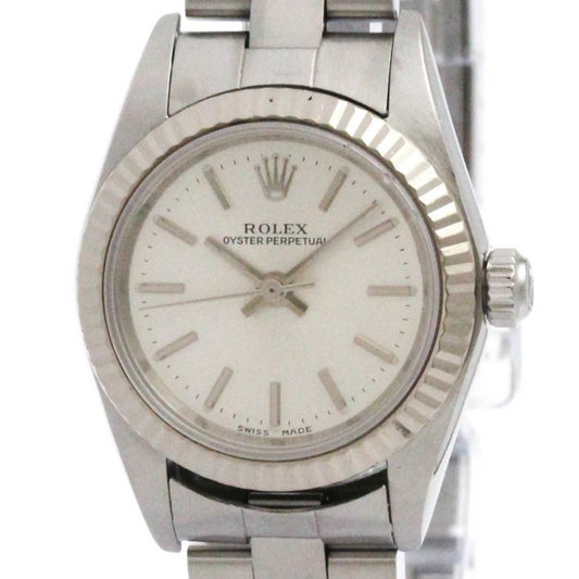 ROLEX Oyster Perpetual 76094 K Serial White Gold Steel Watch Polished