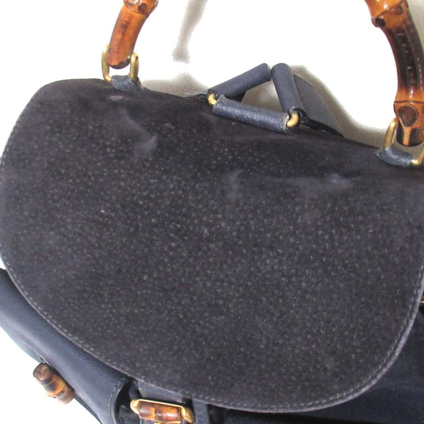 GUCCI Bamboo Line Suede and Leather Backpack, Navy, Women's