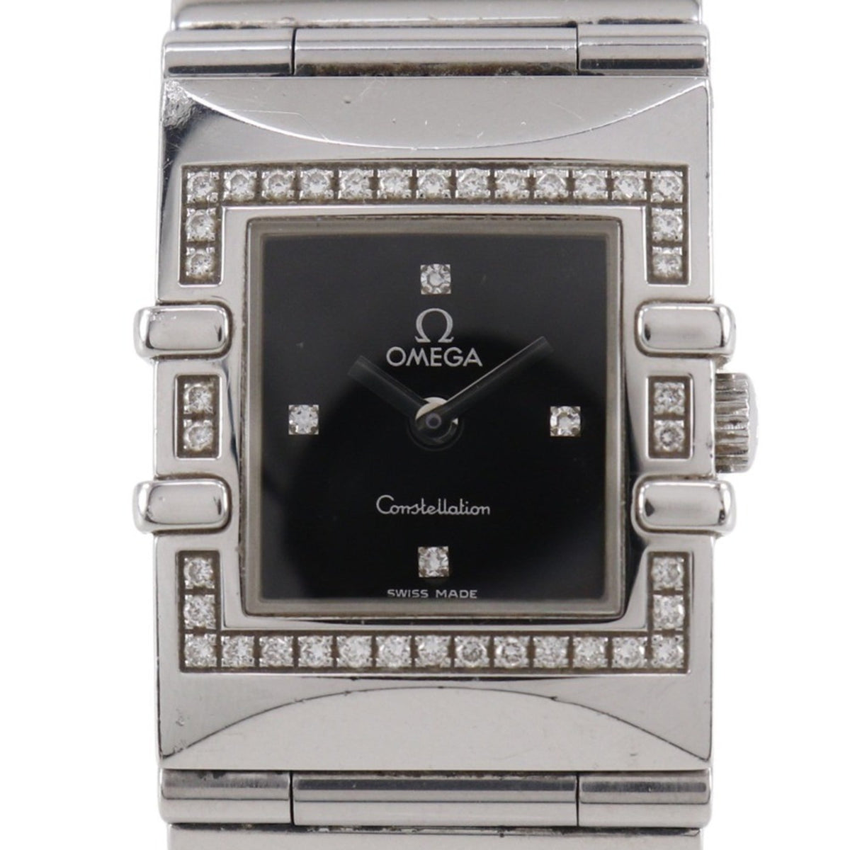 OMEGA Constellation Carree Watch, cal. 1376 1528.46, stainless steel with diamonds, 1998, quartz movement, analog display, black dial, women's — Good