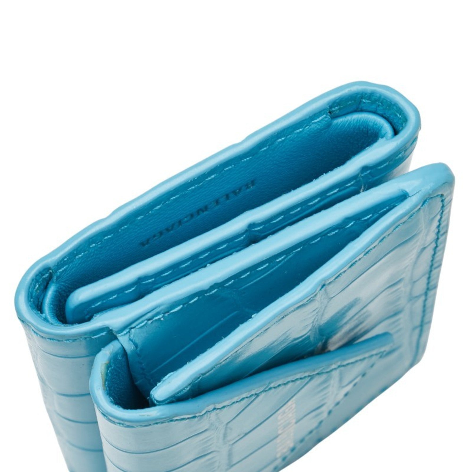 Balenciaga Paper Mini Wallet, Crocodile Embossed Tri-fold Compact Light Blue Leather, 391446, Women's