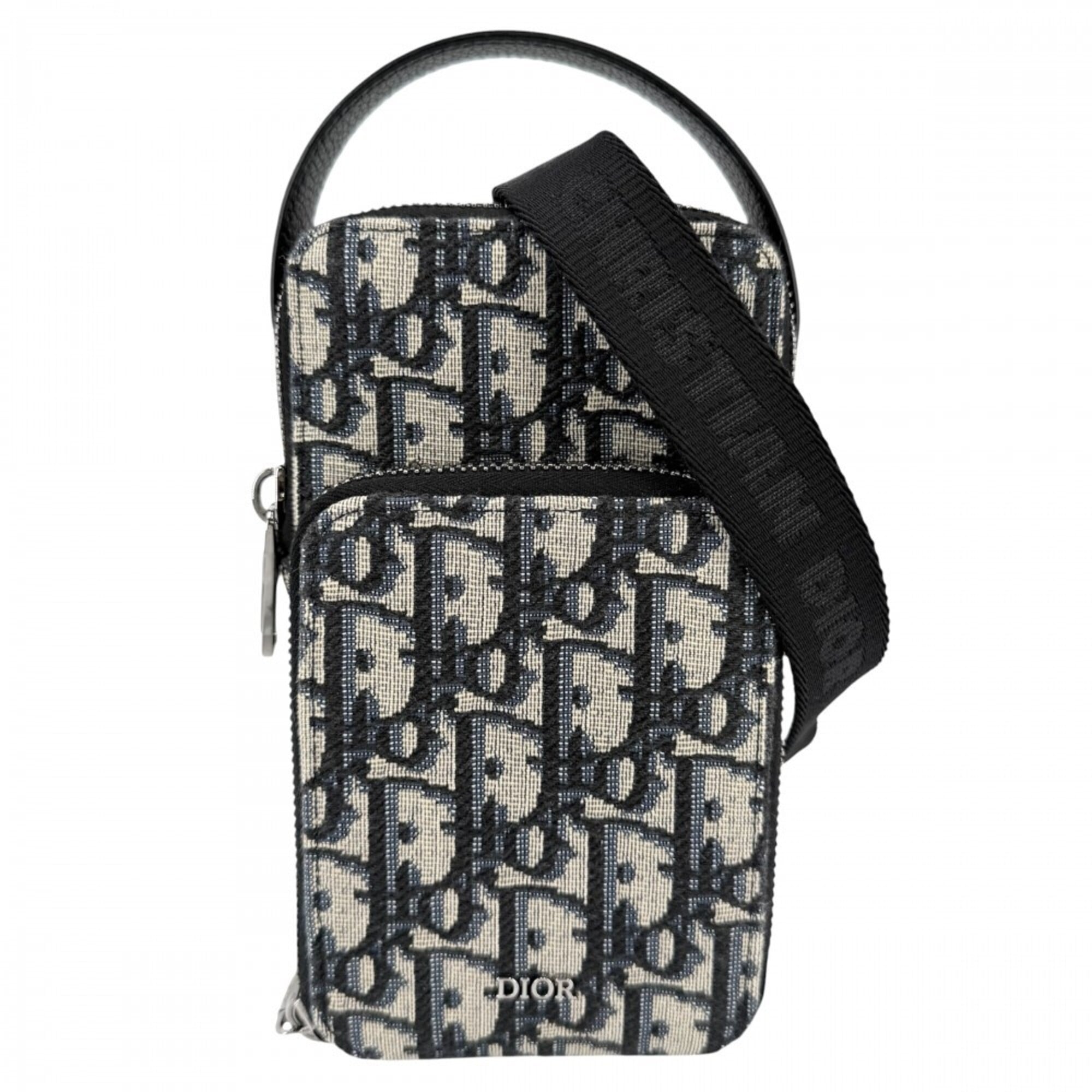 Christian Dior Men's Oblique Rider Micro Pouch Shoulder Bag, Mini Crossbody Canvas Leather, Navy, Silver Hardware — Like New