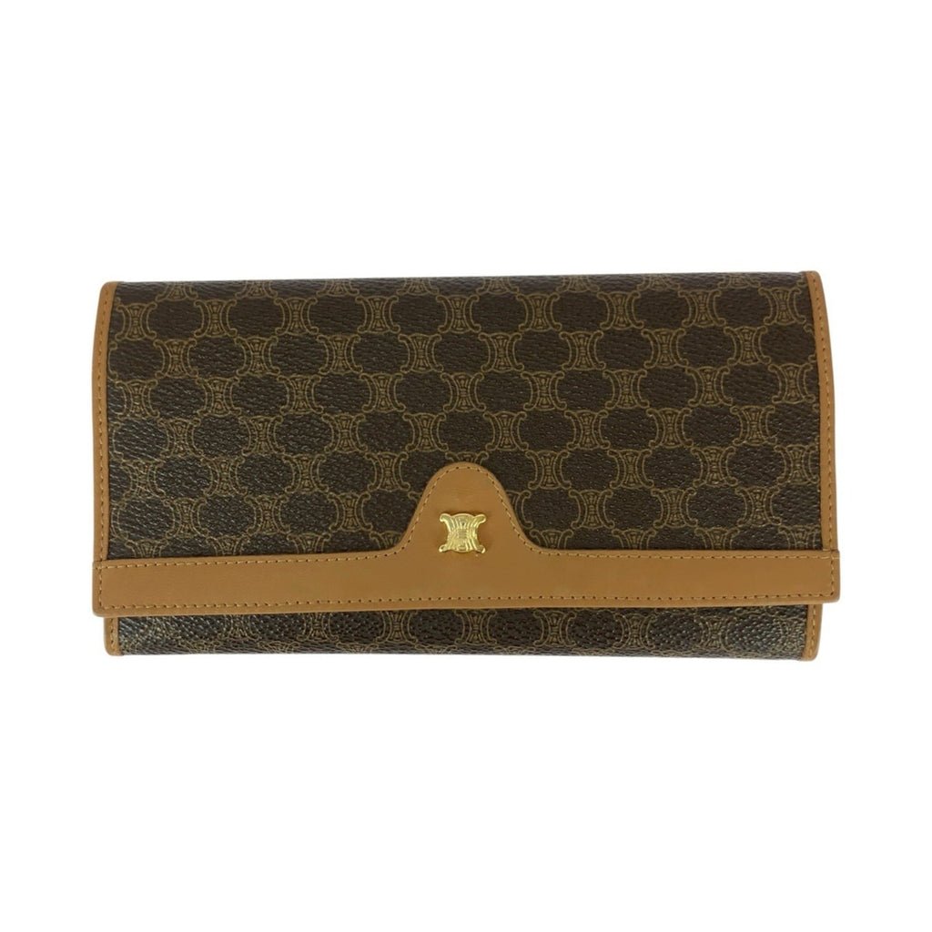 CELINE Macadam Triomphe Brown Leather M08 Long Wallet with Clasp Closure for Women