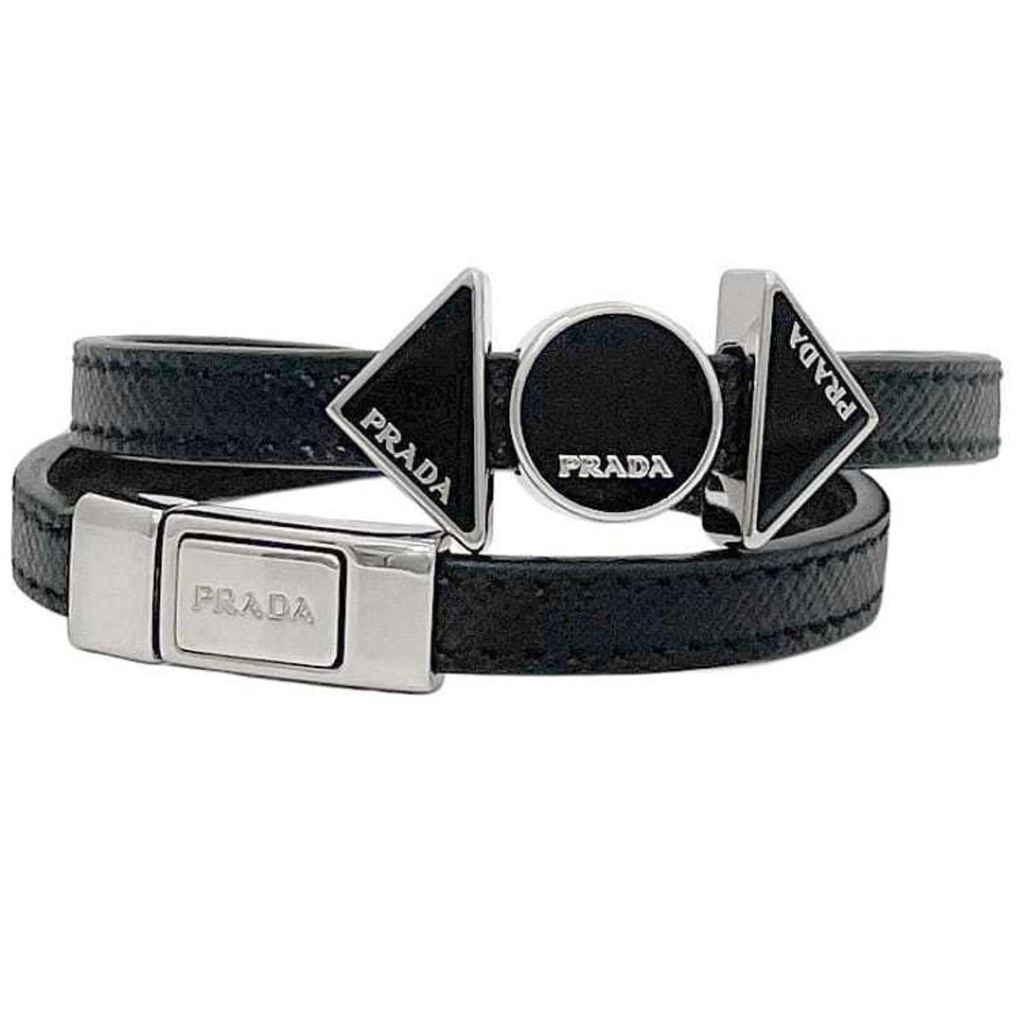 Prada Bracelet ec-23679 Black Nero Medium Saffiano Leather Metal Triangle Plate with Round Hardware for Men and Women
