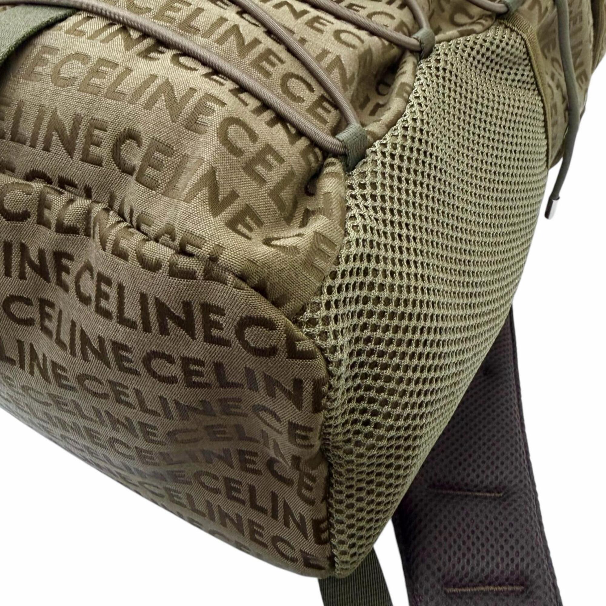 CELINE 198462 Canvas and Leather Trim, Logo Print Trekking Backpack/Daypack, Khaki, Men's, with Dust Bag — Like New