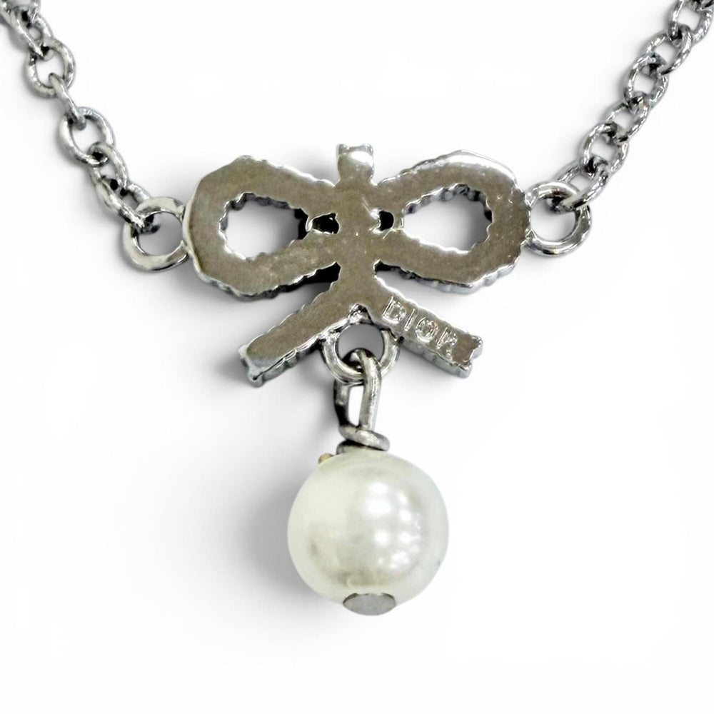 Christian Dior DIOR CD logo ribbon motif rhinestone faux pearl necklace accessory, silver, for women — Like New