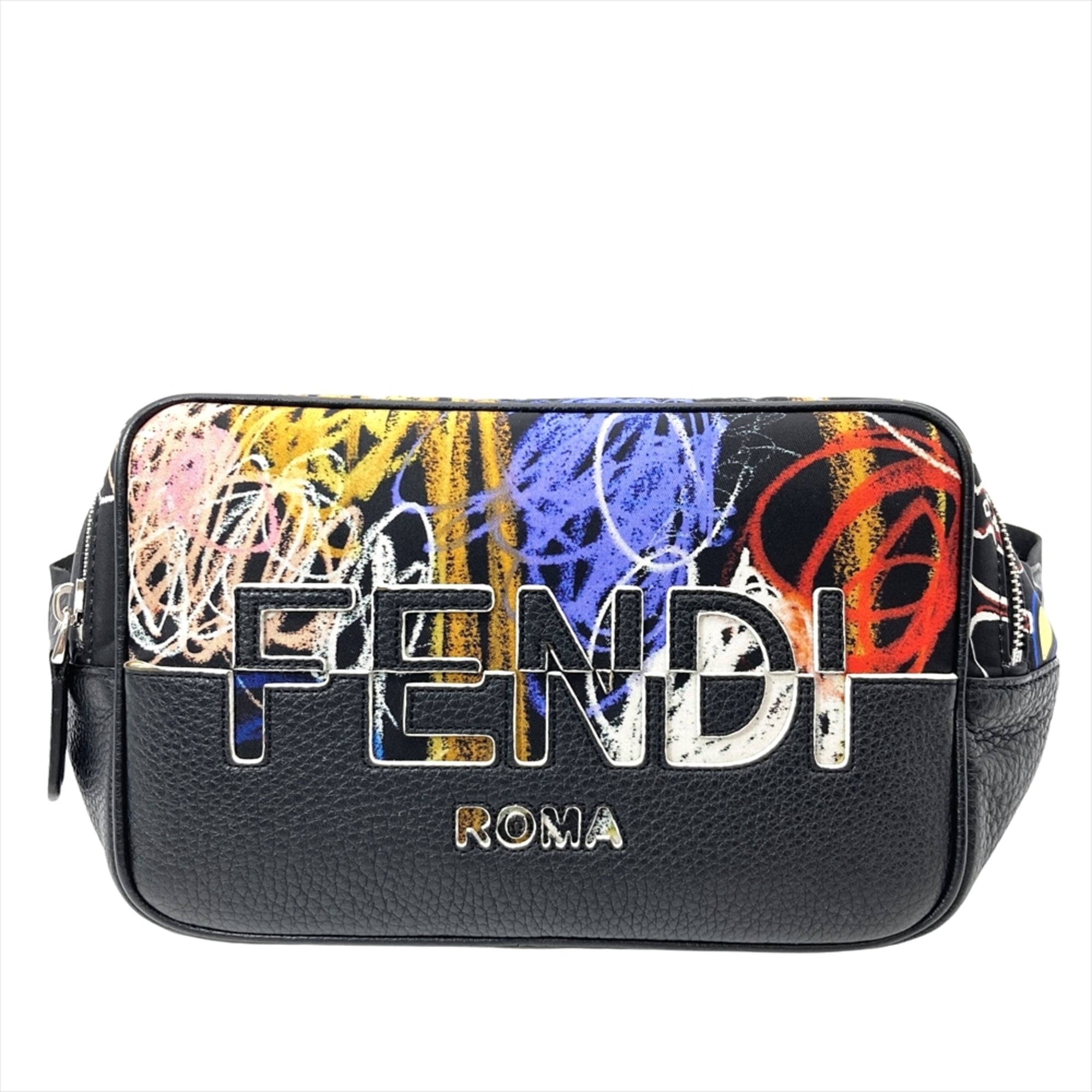 Fendi Noel Fielding collaboration body bag, nylon and leather, 7VA526 AH8T, black with silver hardware graffiti pattern.