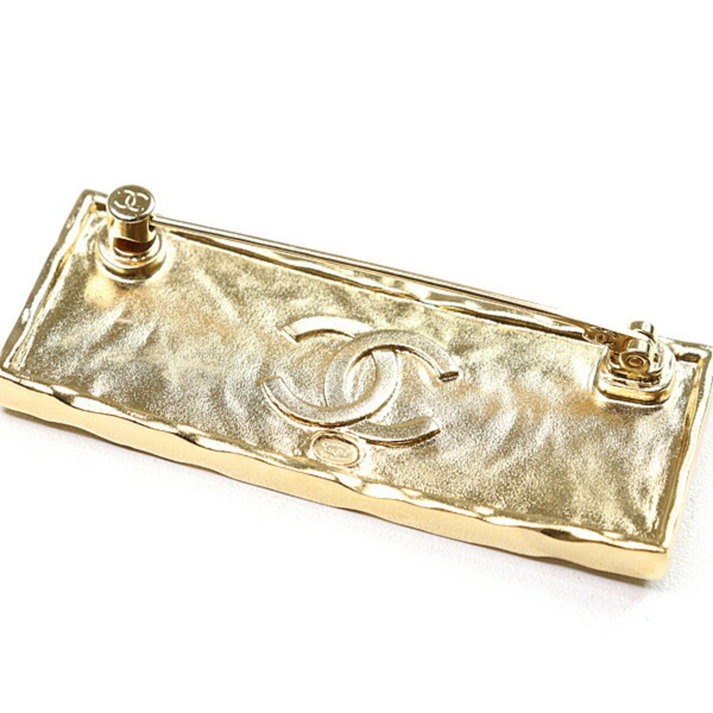 CHANEL Brooch Metal Leather Gold Black Tag A23S