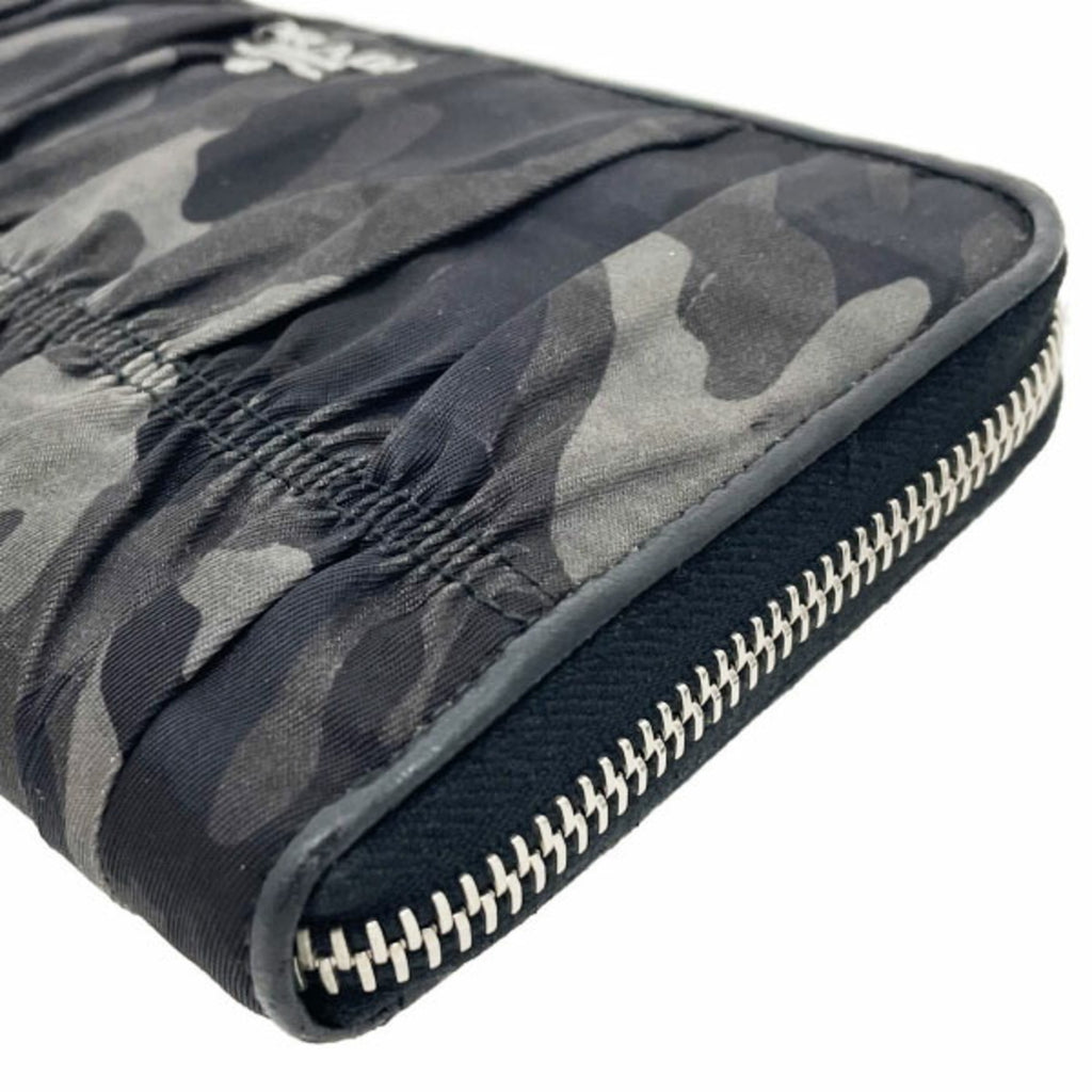 Prada Camouflage Round Long Wallet, Nylon and Leather, Gray Black, 1M0506, PRADA Pattern, Shirring, Gathered Pleats, YY-15718