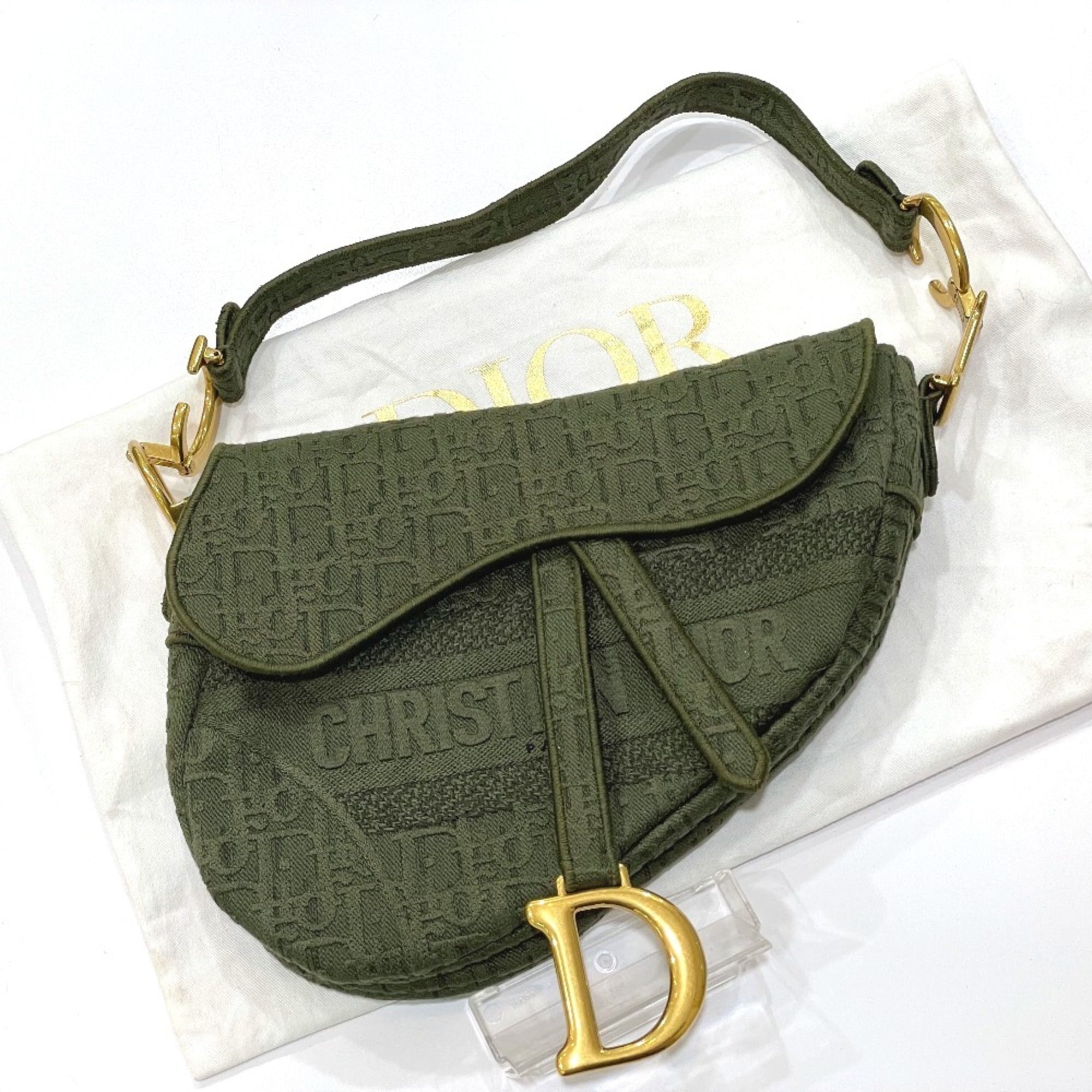 Christian Dior Oblique SADDLE Embroidered Saddle Bag Shoulder Handbag Canvas Women's Khaki — Like New