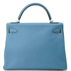 HERMES Kelly 28 Handbag Tote Bag, Taurillon Clemence Leather, Women's, Blue Jean — Like New