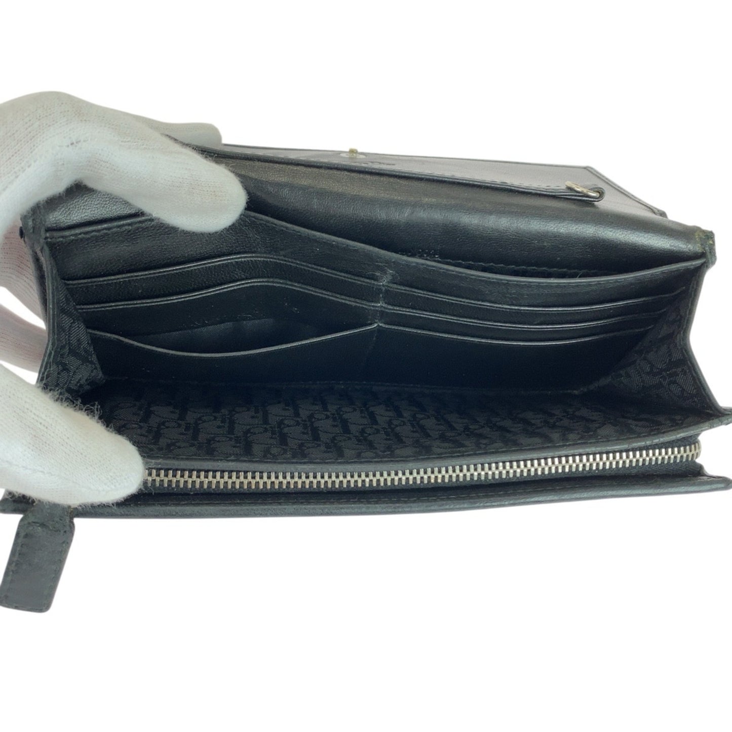 Christian Dior Cannage Black Leather Long Wallet with Silver Hardware, MC0028, Women's