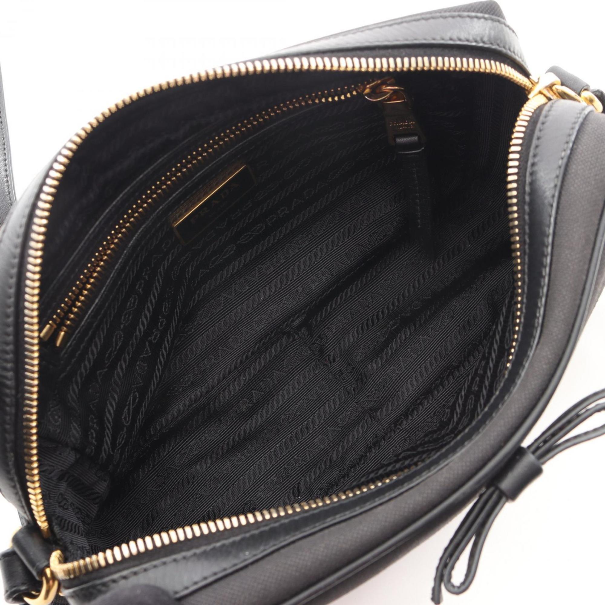 Prada Logo Jacquard Shoulder Bag in Canvas and Leather, Black