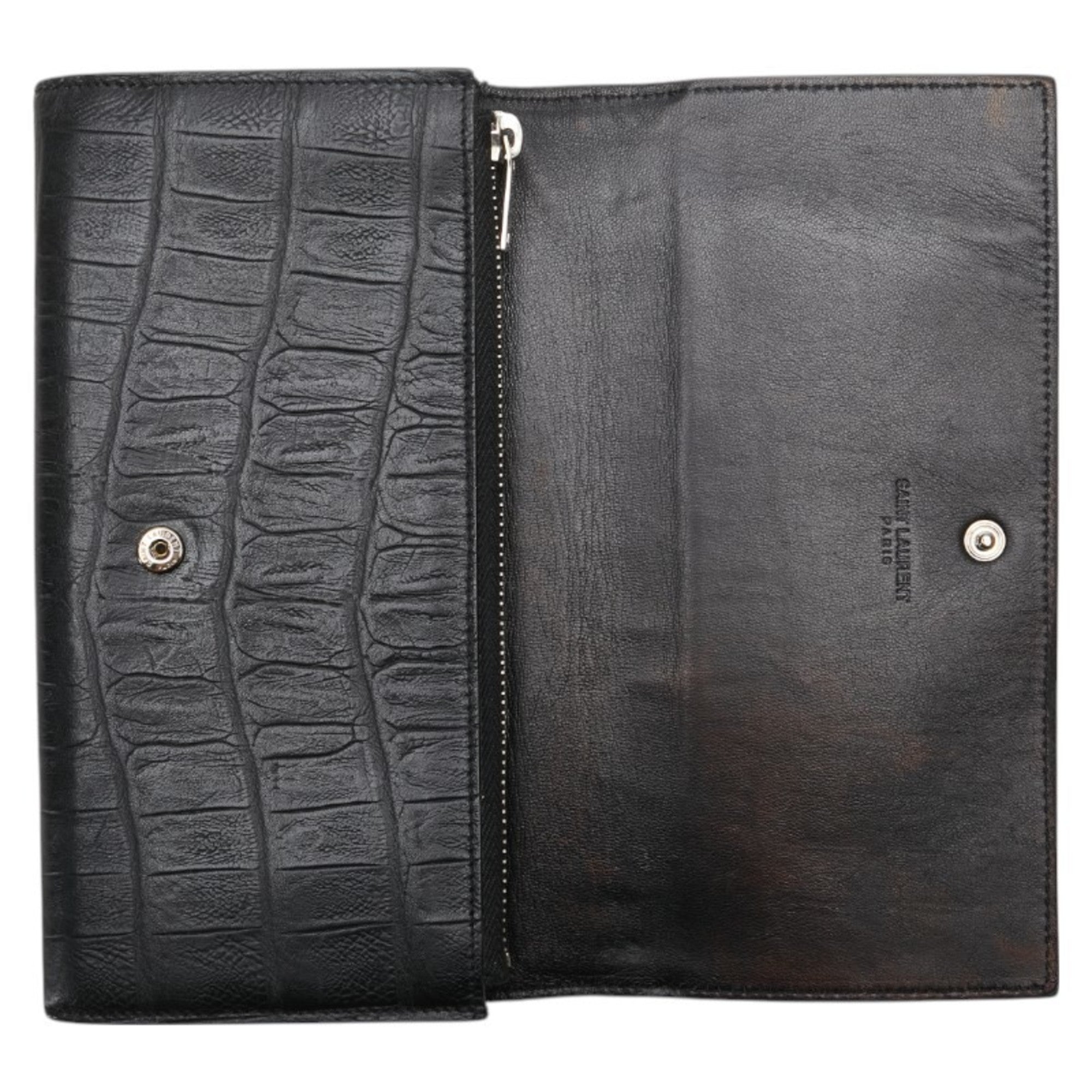 Saint Laurent Crocodile Embossed Long Wallet Black Leather Women's SAINT LAURENT