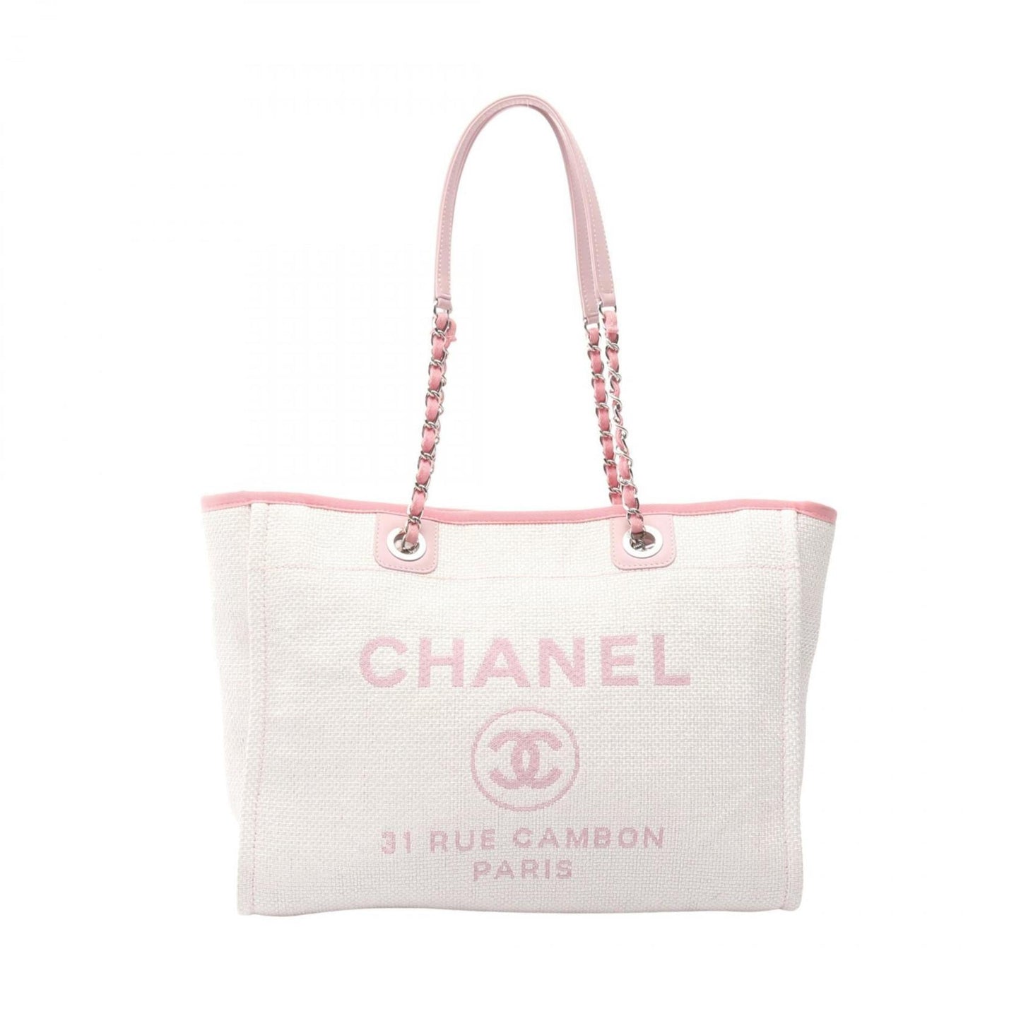 CHANEL Deauville Tote Bag, Canvas and Leather, Women's, White Pink, A67001