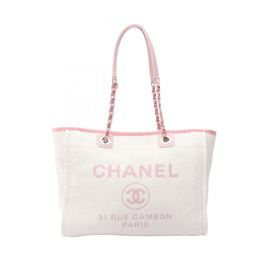 CHANEL Deauville Tote Bag, Canvas and Leather, Women's, White Pink, A67001