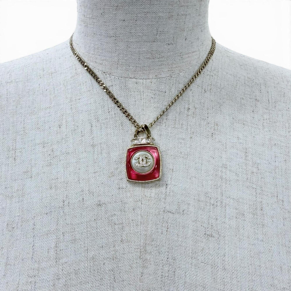 CHANEL A22C Coco Mark Rhinestone Perfume Motif Pendant Necklace, Gold and Pink, Made in France, Women's — Like New