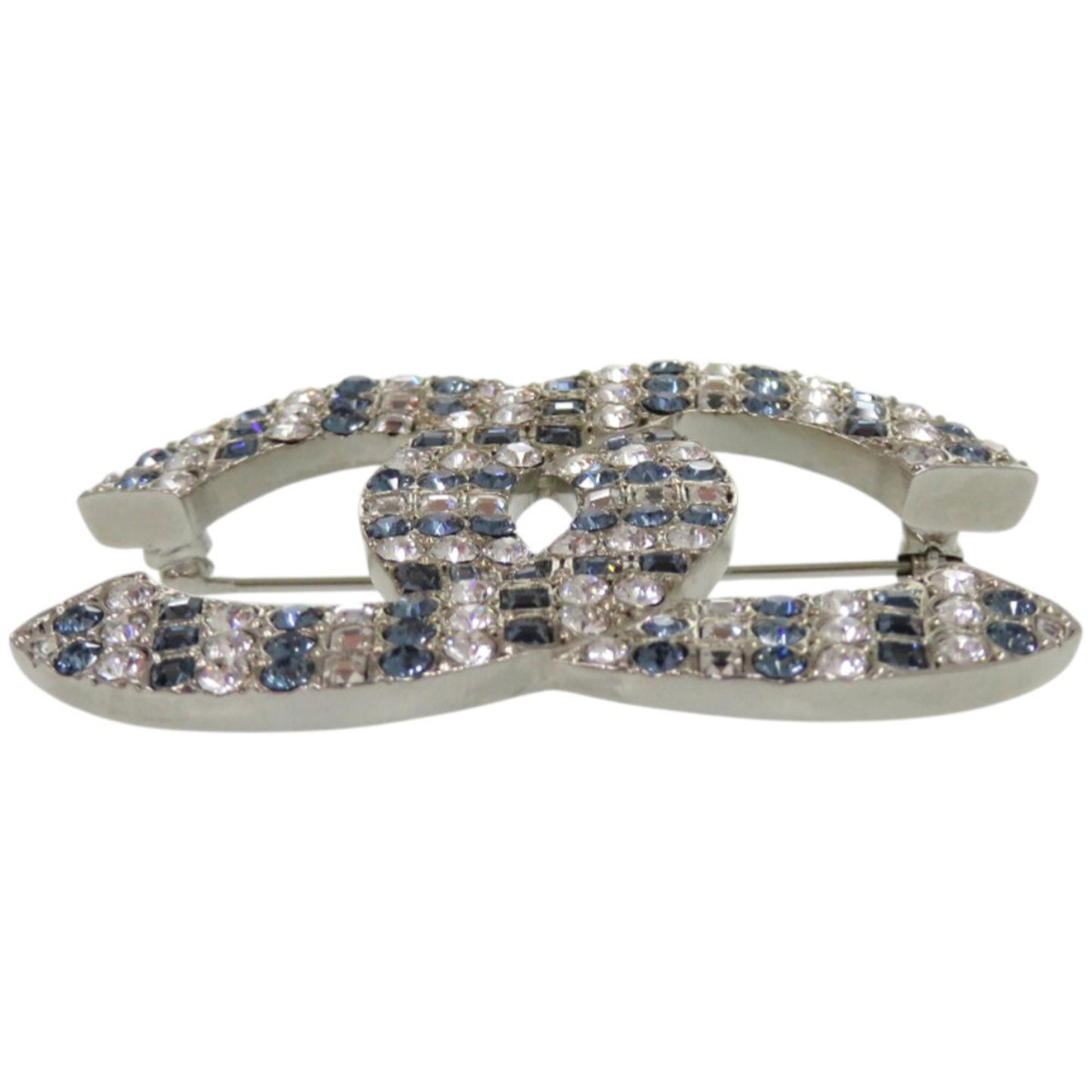 Chanel Coco Mark Rhinestone Metal Silver and Blue Brooch 1673CHANEL
