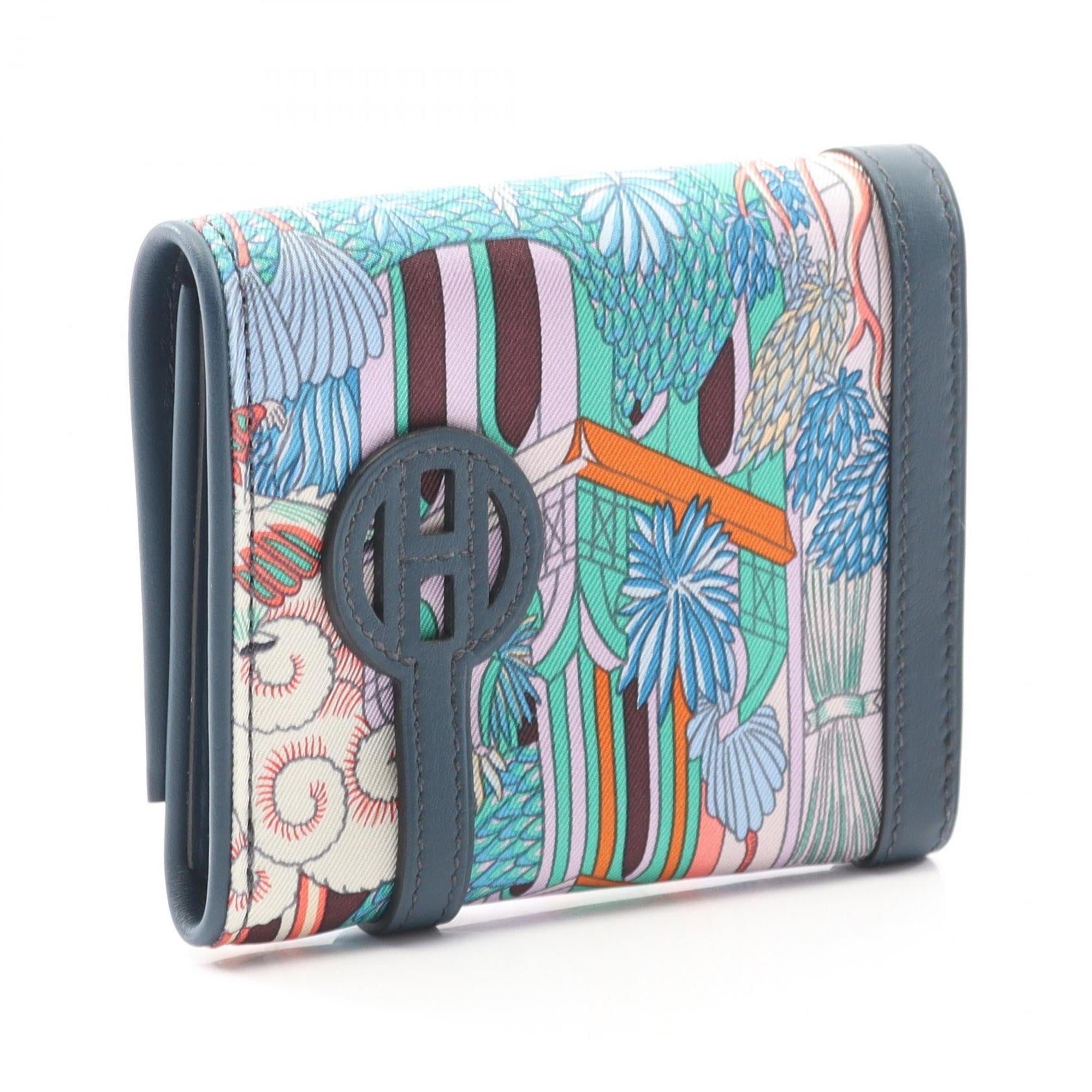 Hermes Hermès Avexois Compact ANIMAPOLIS Wallet/Coin Case, Silk and Leather, Swift Women's, Navy, Multicolor, Mykonos Orange