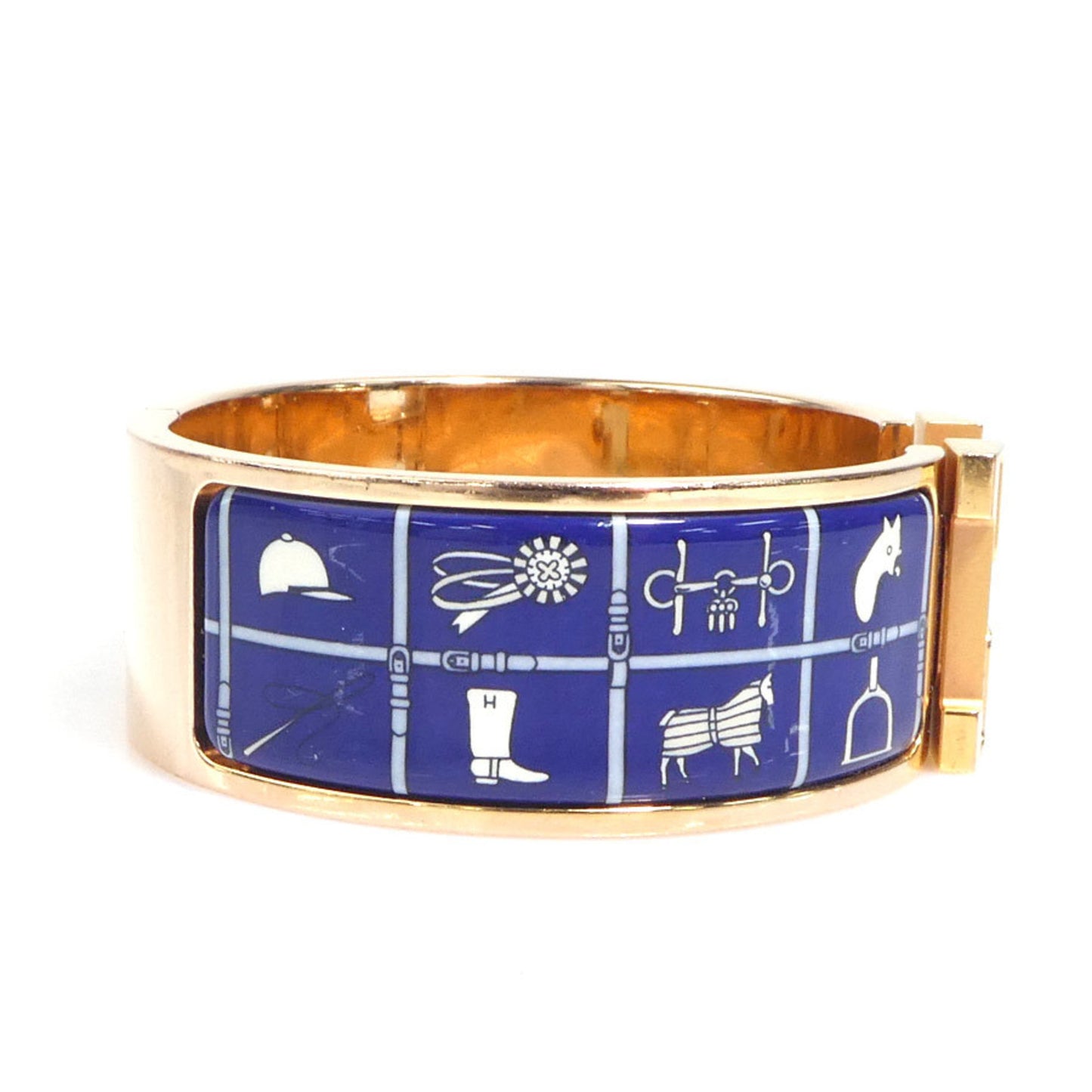 Hermes Hermès Click-Clack Bangle Bracelet in Metal, Enamel, Gold, Blue, and Off-White, Women's, e61067a