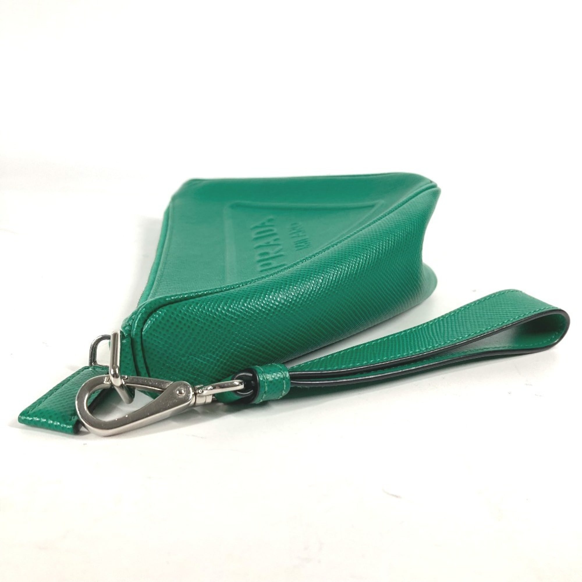 PRADA 2NE054 Embossed Triangle Plate Pouch Clutch Bag with Strap Saffiano Leather Men's Green — Like New