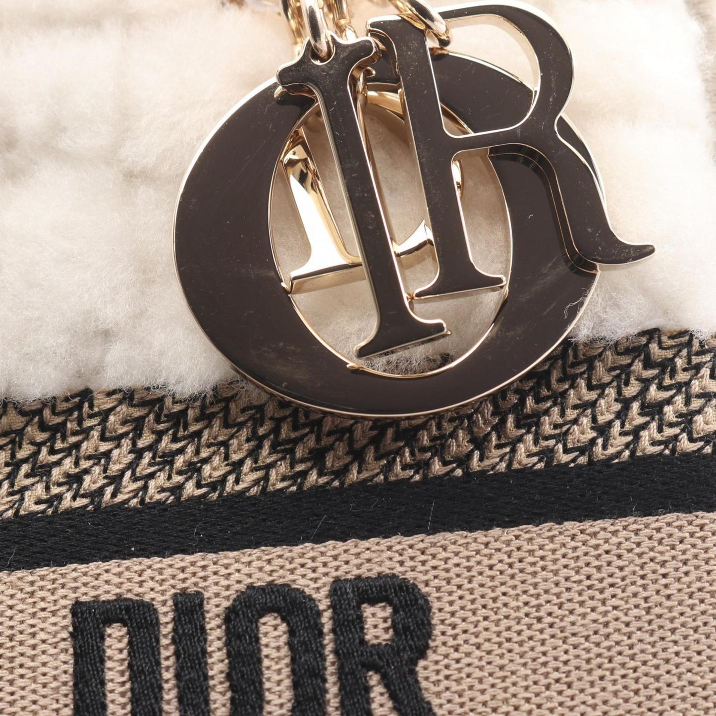 Christian Dior Dior LADY D-LITE Medium Handbag, Canvas and Shearling, Women's, White, Beige, Black