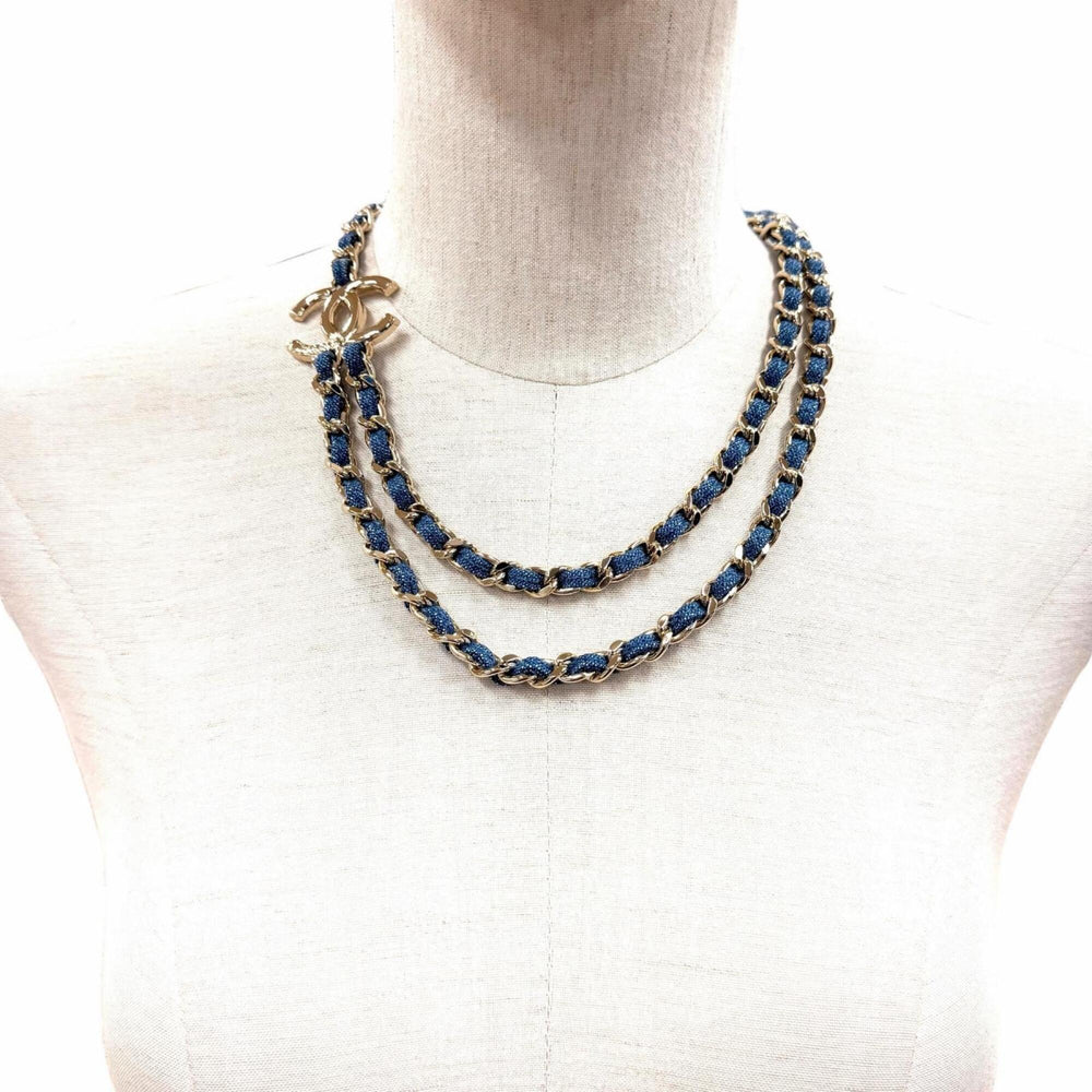 CHANEL B25P ABF163 Coco Mark Double Chain Necklace, Blue with Gold Hardware, Made in Italy, Women's — Like New