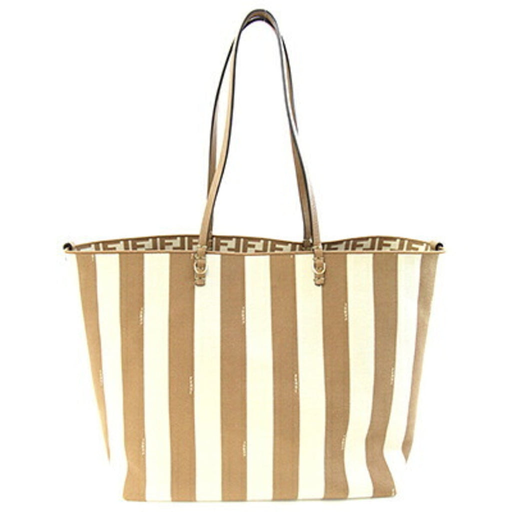 Fendi Roll Large Tote Bag 8BH425 Beige Fabric Leather Reversible Shoulder FF Zucca Pecan Stripe Women's FENDI