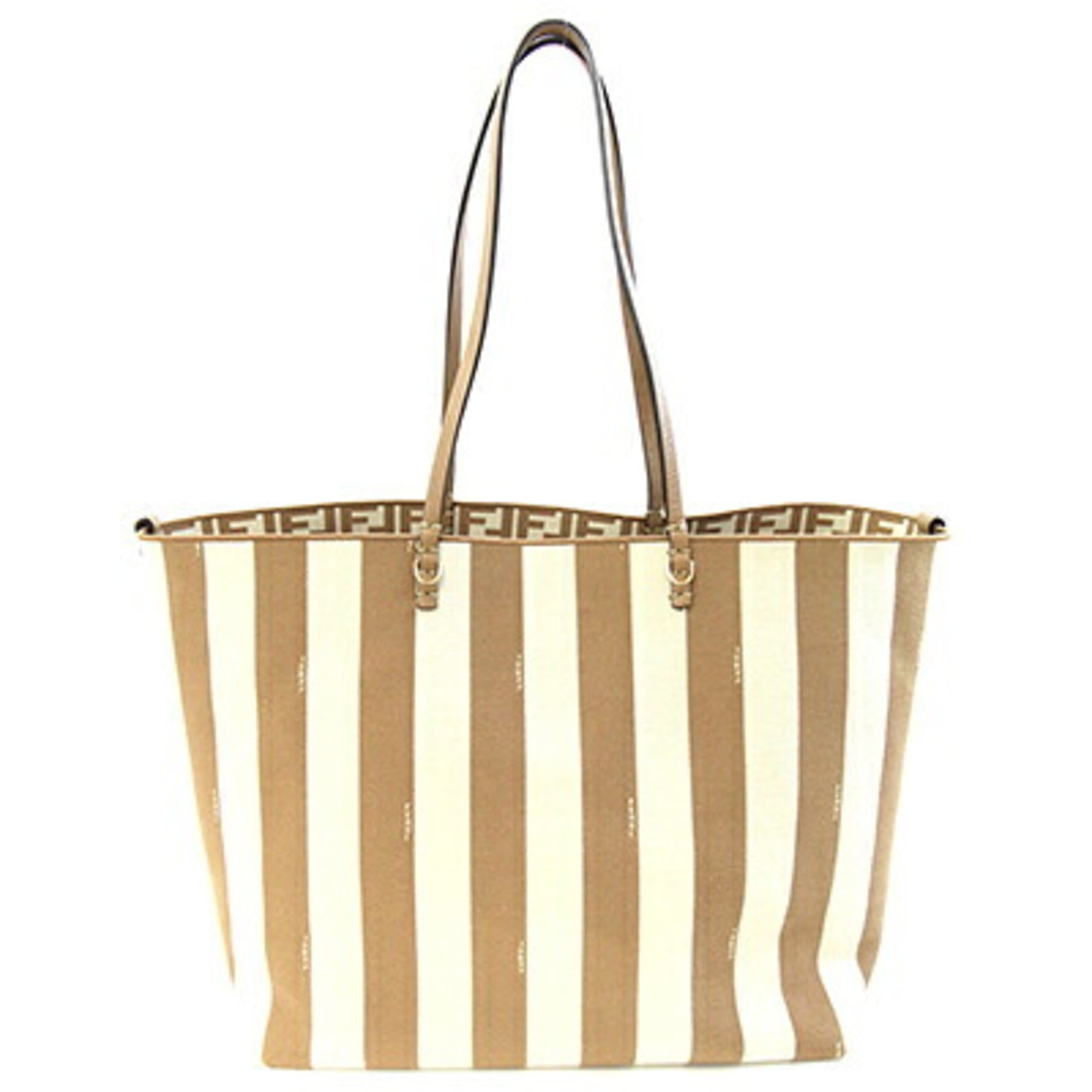 Fendi Roll Large Tote Bag 8BH425 Beige Fabric Leather Reversible Shoulder FF Zucca Pecan Stripe Women's FENDI