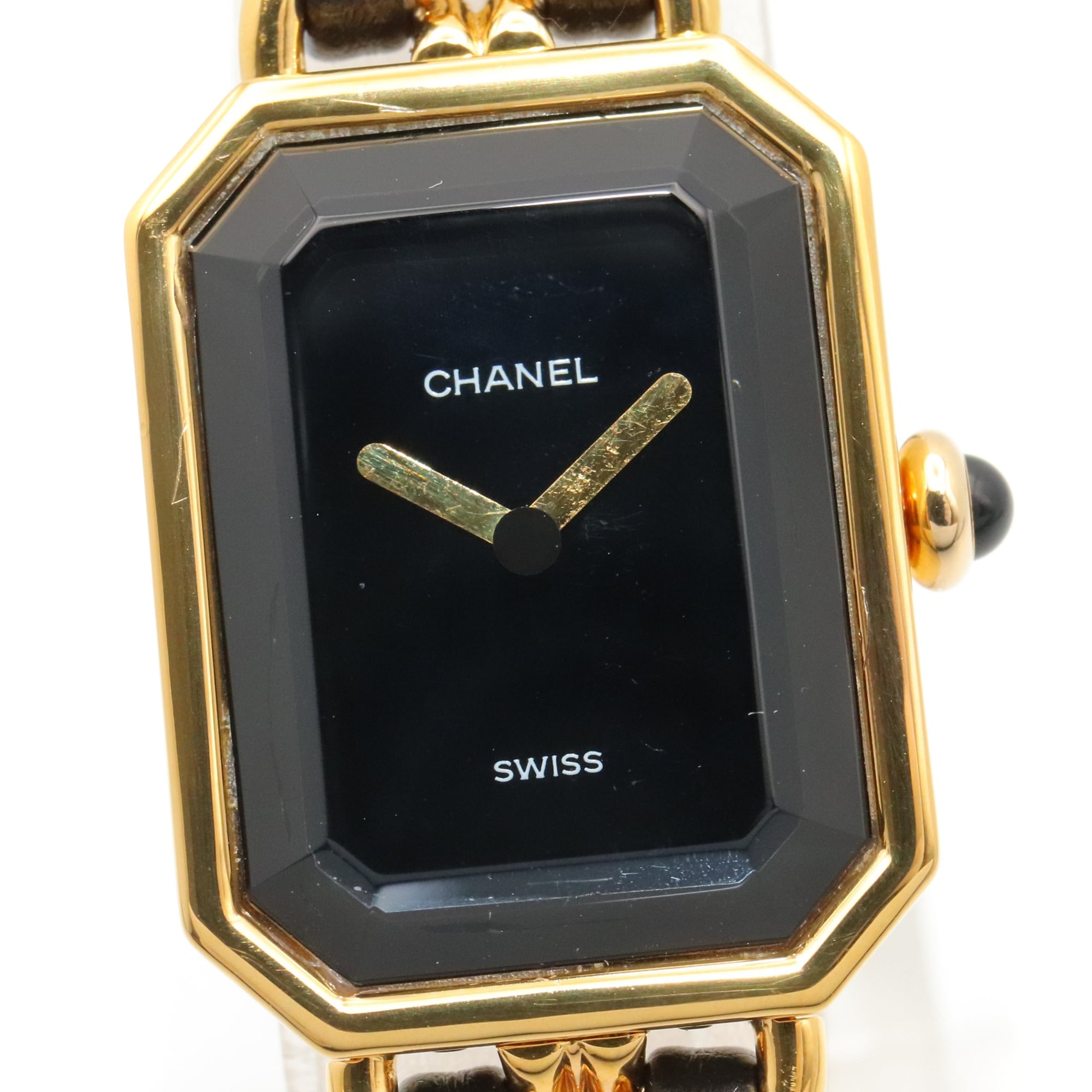 Chanel CHANEL Première S Watch, Gold Plated (GP), Leather Strap, Women's, Black, H0001 — Very Good
