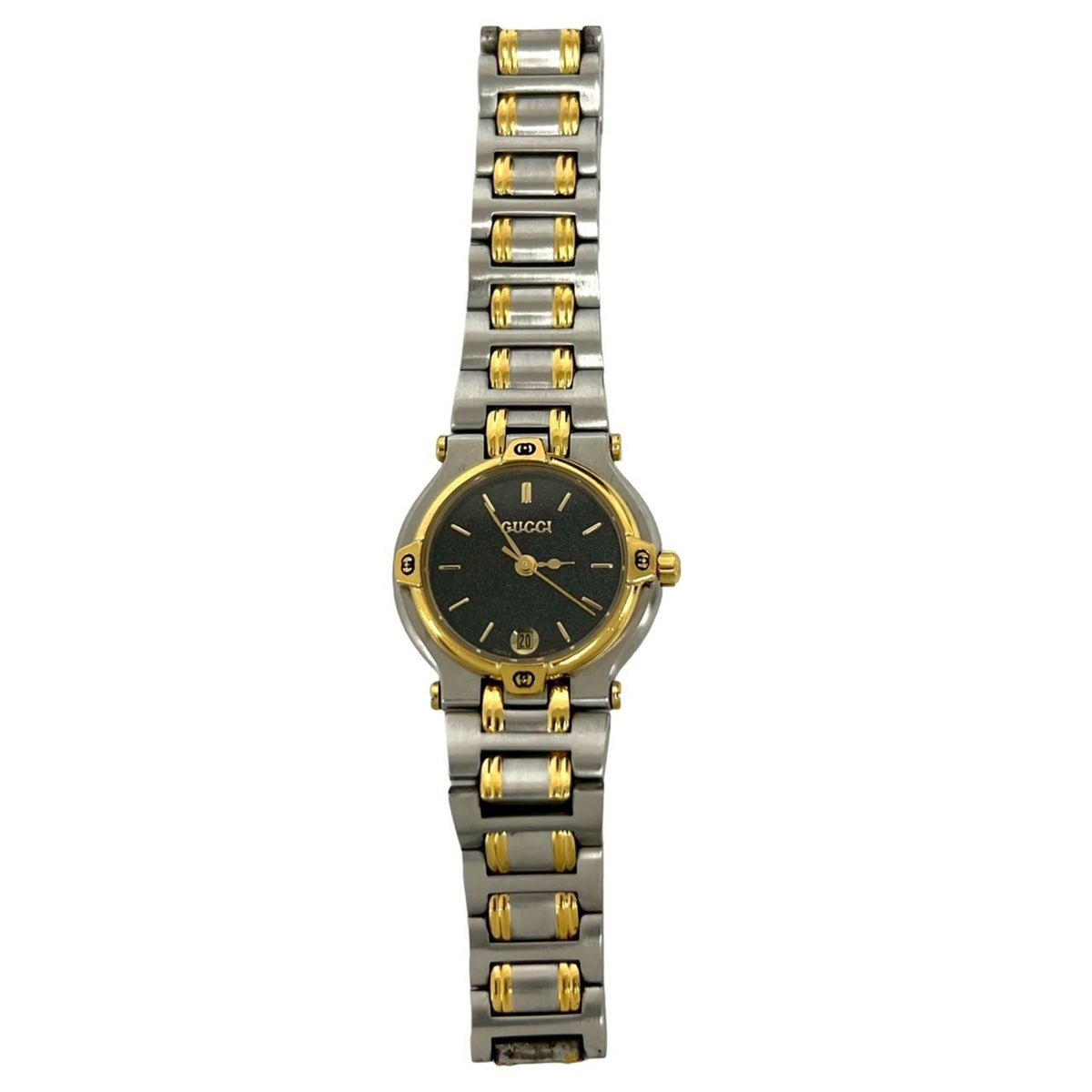 GUCCI 9000L Logo Engraved Stainless Steel Quartz Wristwatch, Silver/Gold, 37789 — Good
