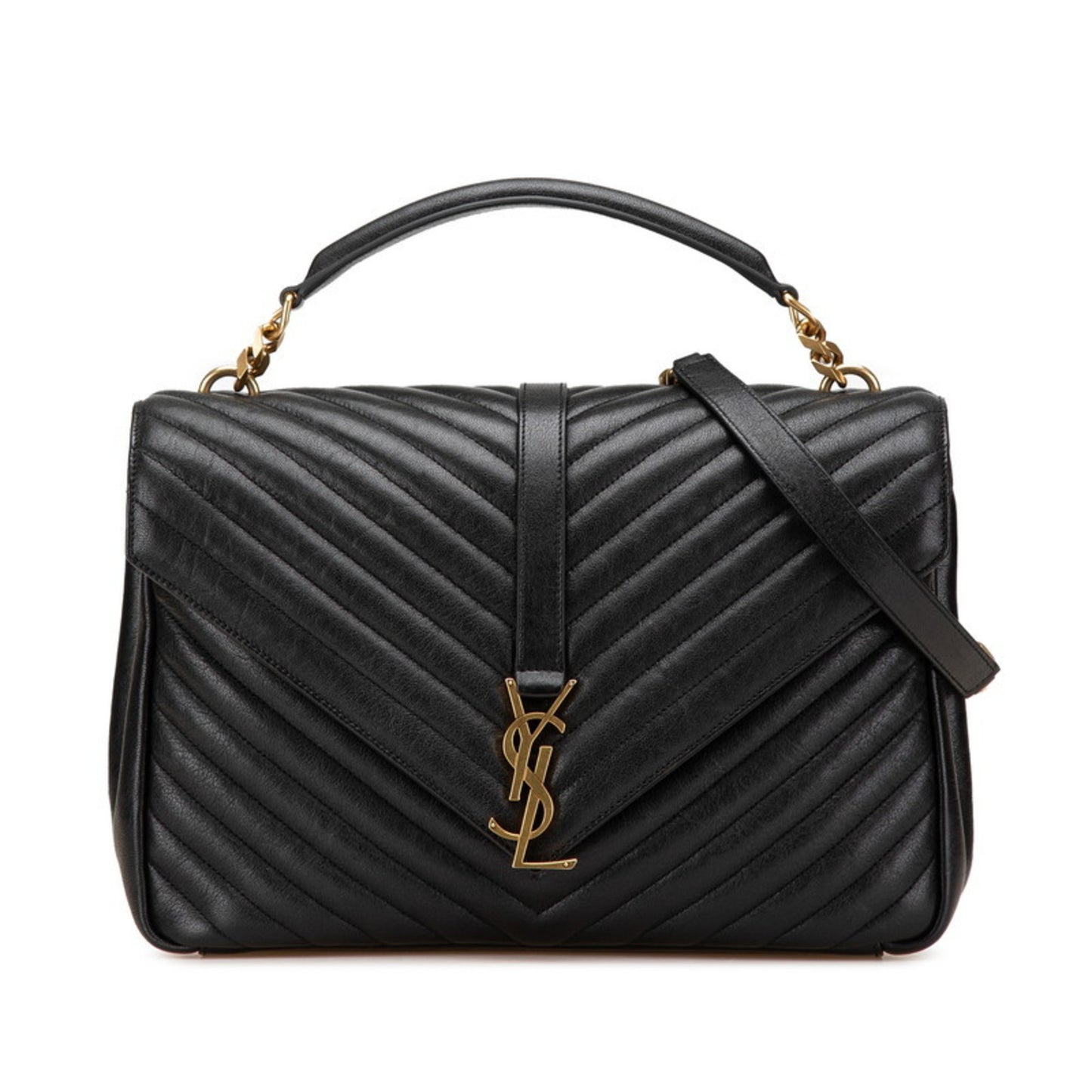 Saint Laurent YSL Monogram V-Stitch Handbag/Shoulder Bag, 2-Way, Black Leather, Women's, SAINT LAURENT